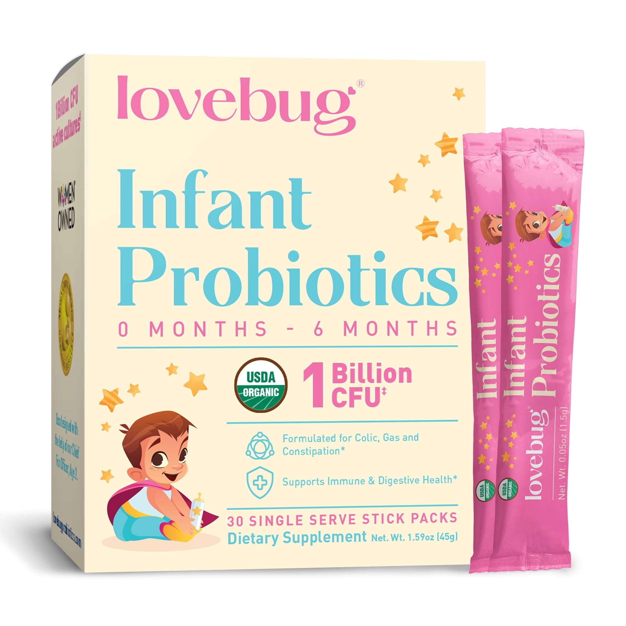 Infant Probiotics 0-6 Months - USDA Organic Probiotics for Babies, Supports Baby Gas, Colic, Diarrhea and Newborn Constipation Relief, Allergen & Sugar Free, Tasteless Powder, 30 Pack