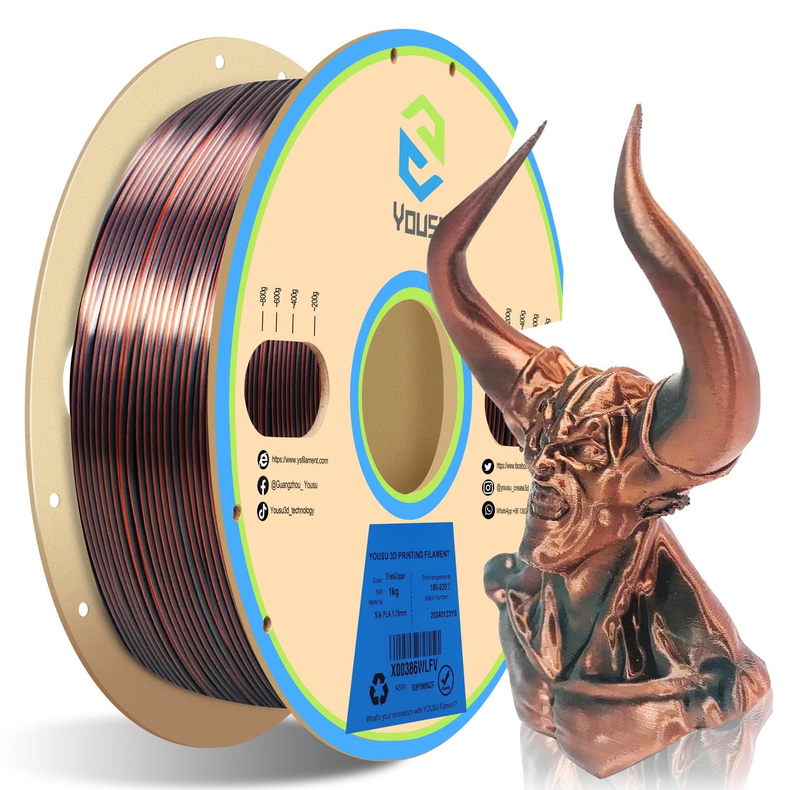 Dual Color Silk PLA Filament,Shiny Silk Silver Copper 3D Printer Filament 1.75mm, Dimensional Accuracy +/- 0.03mm, Compatible with Most of 3D Printer 1KG Spool (2.2 LBS)
