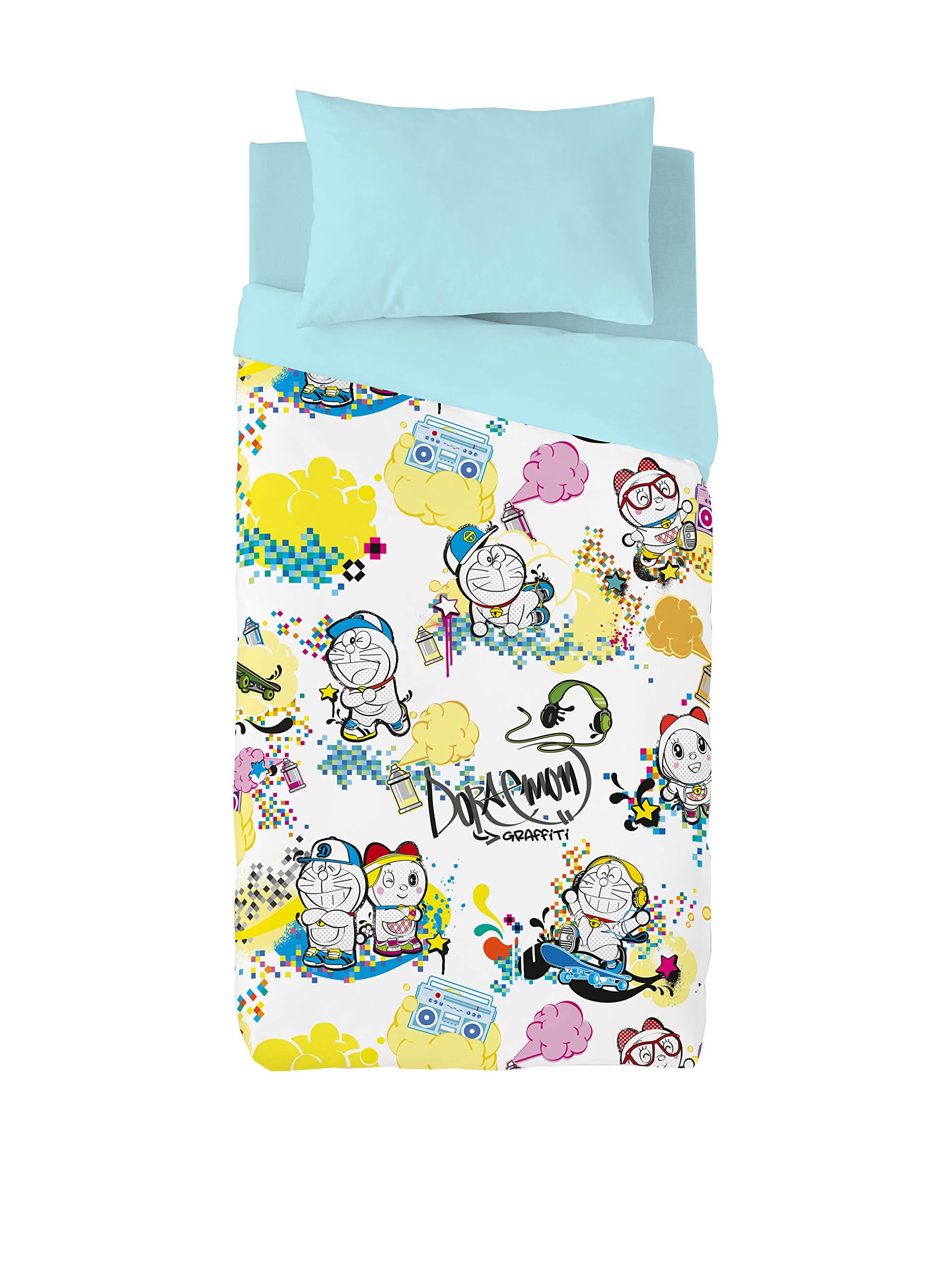 Licenses Euromoda Duvet Cover Set Doraemon Spray Blue/Multicolour 150 x 220 + 145 X110 cm