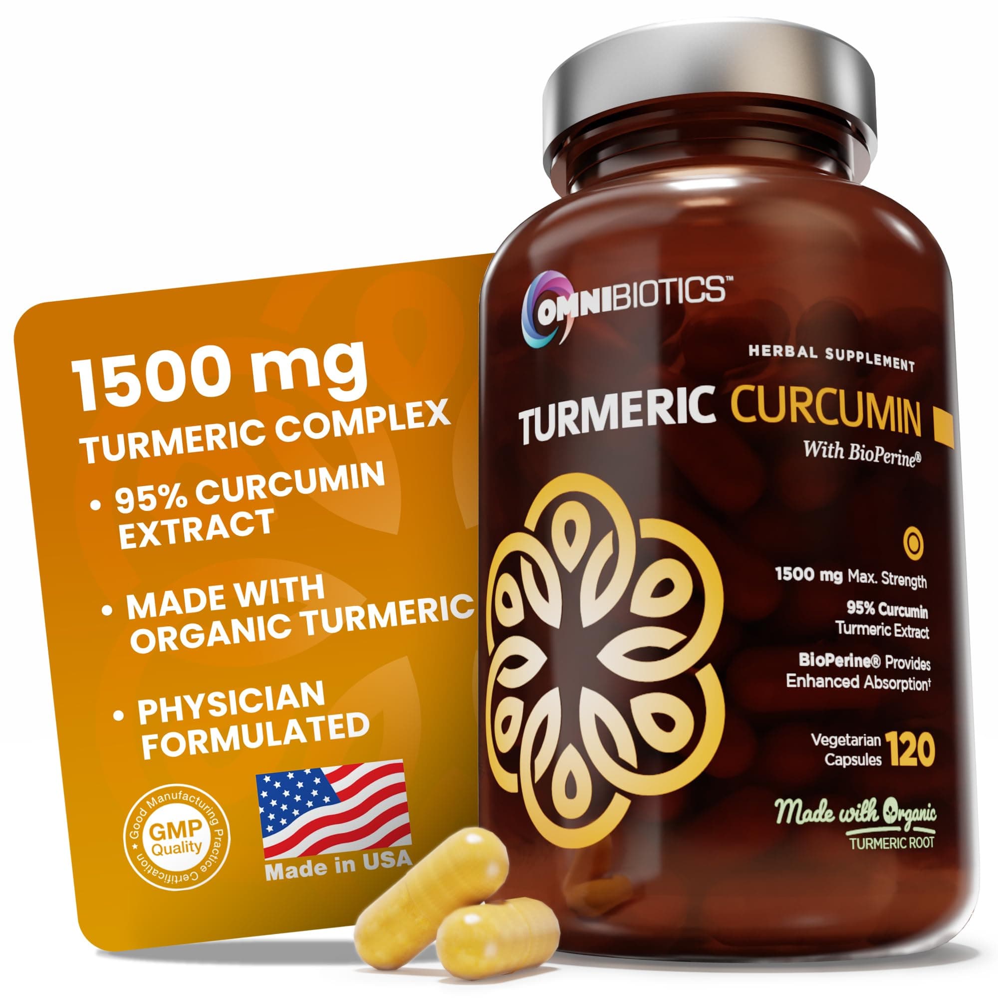 - OmniBiotics Organic Turmeric Curcumin Supplement with Black Pepper Extract – 1500mg Turmeric with 95% Curcuminoids & BioPerine, High Absorption for Joint Support – 120 Vegan Capsules