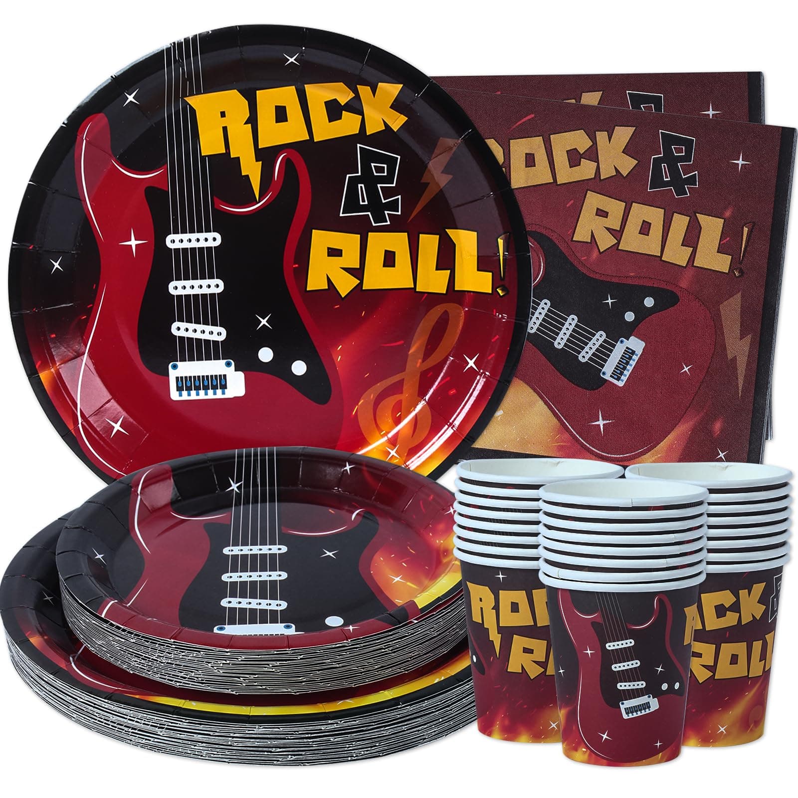 Hudson Party Supplies Rockstar (Serves 24) Dinner Plates, Dessert Plates, Cups, Napkins. Rock and Roll Decorations for Kids, Boys, Girls and More. Rock n Roll Decorations