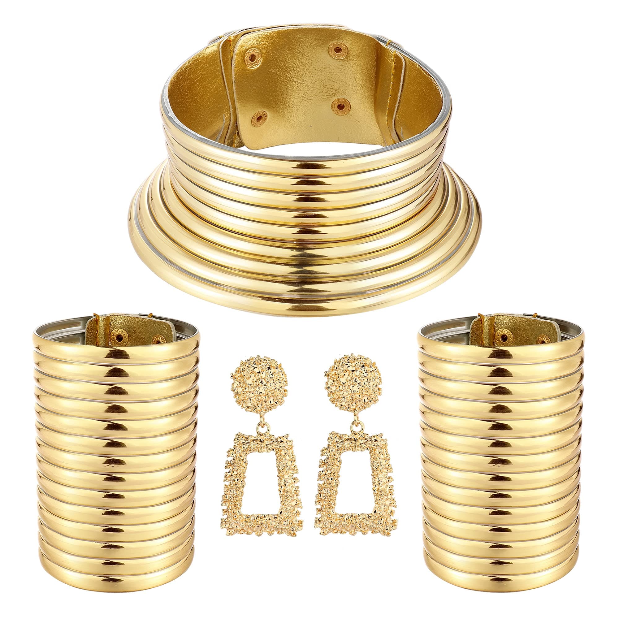 4pcs African National Jewelry for Women African Egyptian Choker Collars Gold Chunky Statement Leather Necklace Bangle Bracelet Earring Jewelry Set