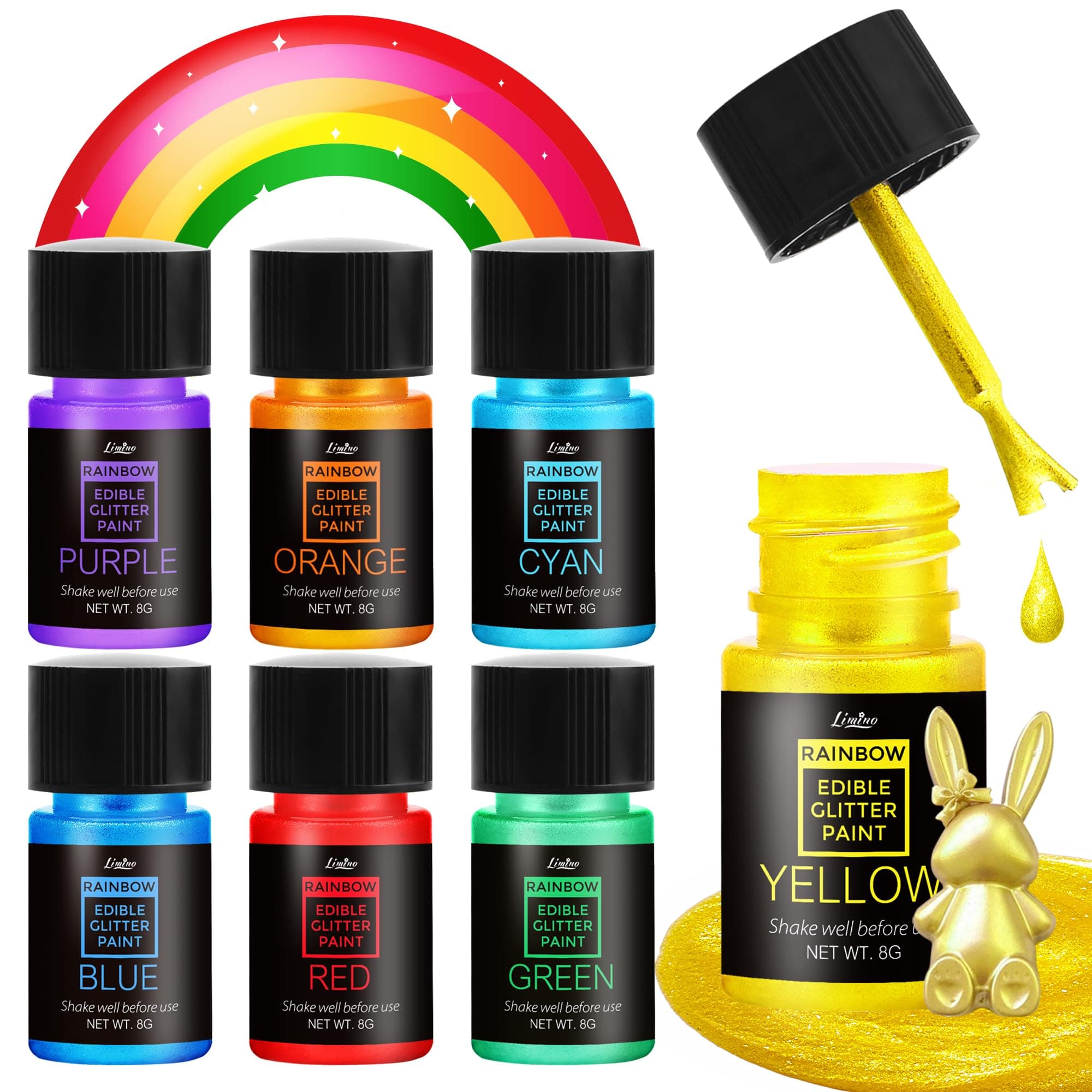 Edible Glitter Paint - Rainbow Food Grade Metallic Glitter Cake Paint for Cake Decorating, Drinks, Cupcakes, Baking - Iridescence Food Decorative Liquid Edible Food Colouring Paint for Fondant, Donuts