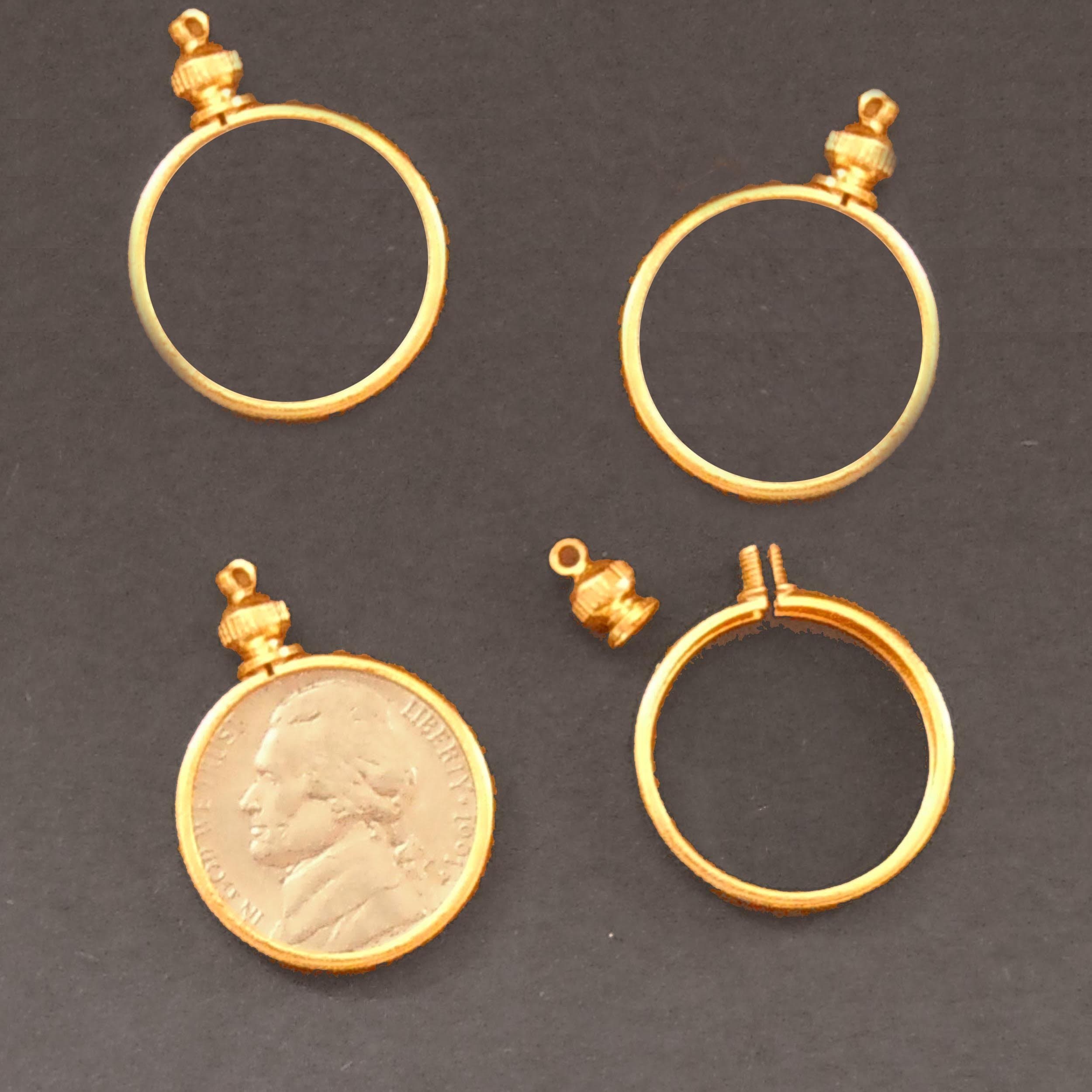 Coin Holder Bezel for 5 Cent / USA Nickel Goldtone ~ for Charm, Necklace, Pendant, Display Pk/4