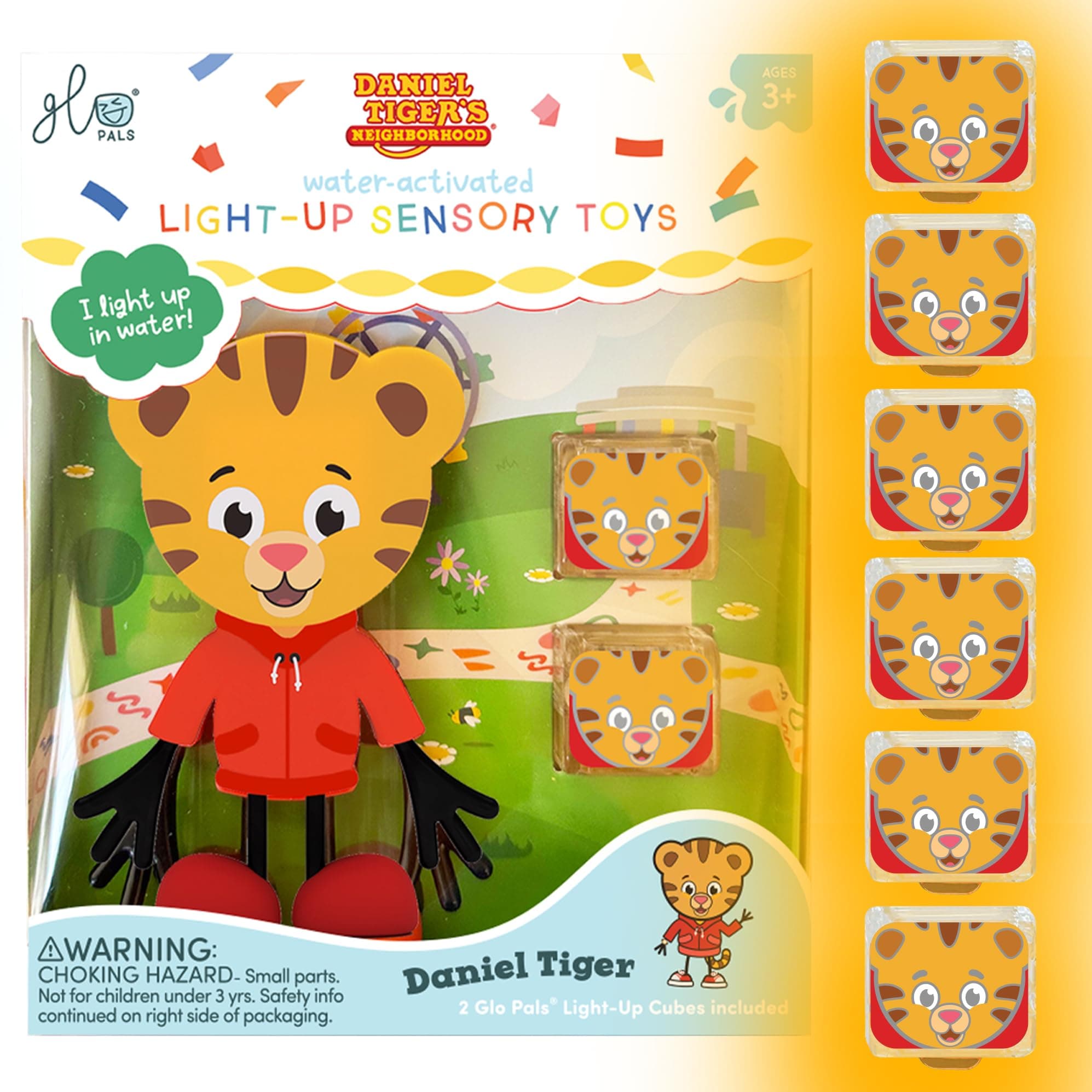 Glo Pals x Daniel Tiger's Neighborhood Water-Activated Bath Toy with 6 Reusable Light-Up Cubes for Sensory Play