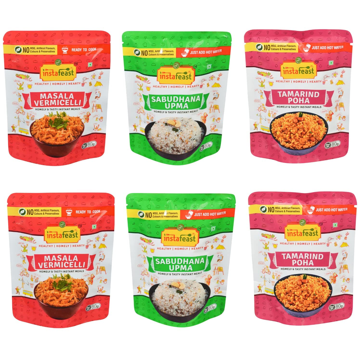 Instafeast Masala Vermicelli, Sabudhana Upma & Tamarind Poha, Ready to Cook, Easy to Cook | No Preservatives, No Artificial Colours 480g (Pack of 6 X 80g)