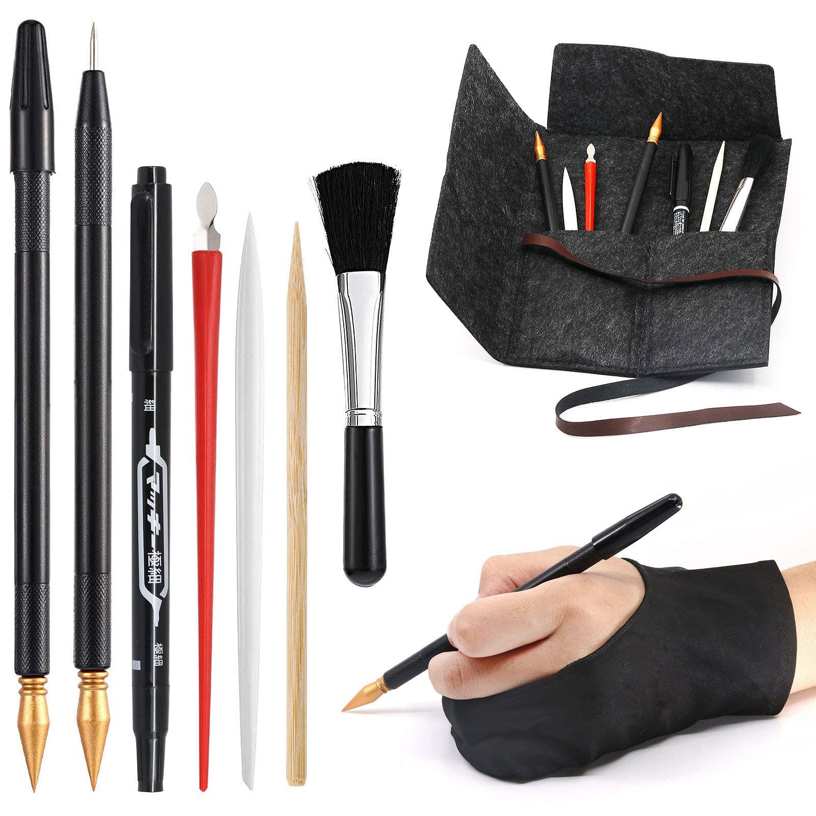 Scratch Art Tools, 9 Pcs Scratching Drawing Tools Set: Artist Glove, Tools Bag, Scratch Coloring Pens, Plastic and Wooden Stylus, Scraper, Repair Pen, Clean Brush for Adults & Teens Painting Paper