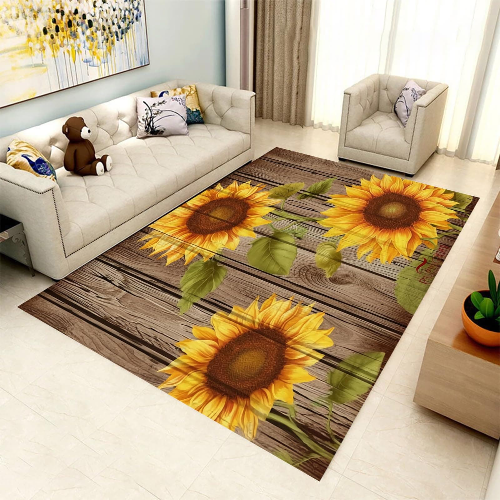 POSLABVintage Wood Grain Sunflower Floral Soft Rugs Carpets Indoor Modern Area Rugs for Living Room Bedroom Nursery Home Decor