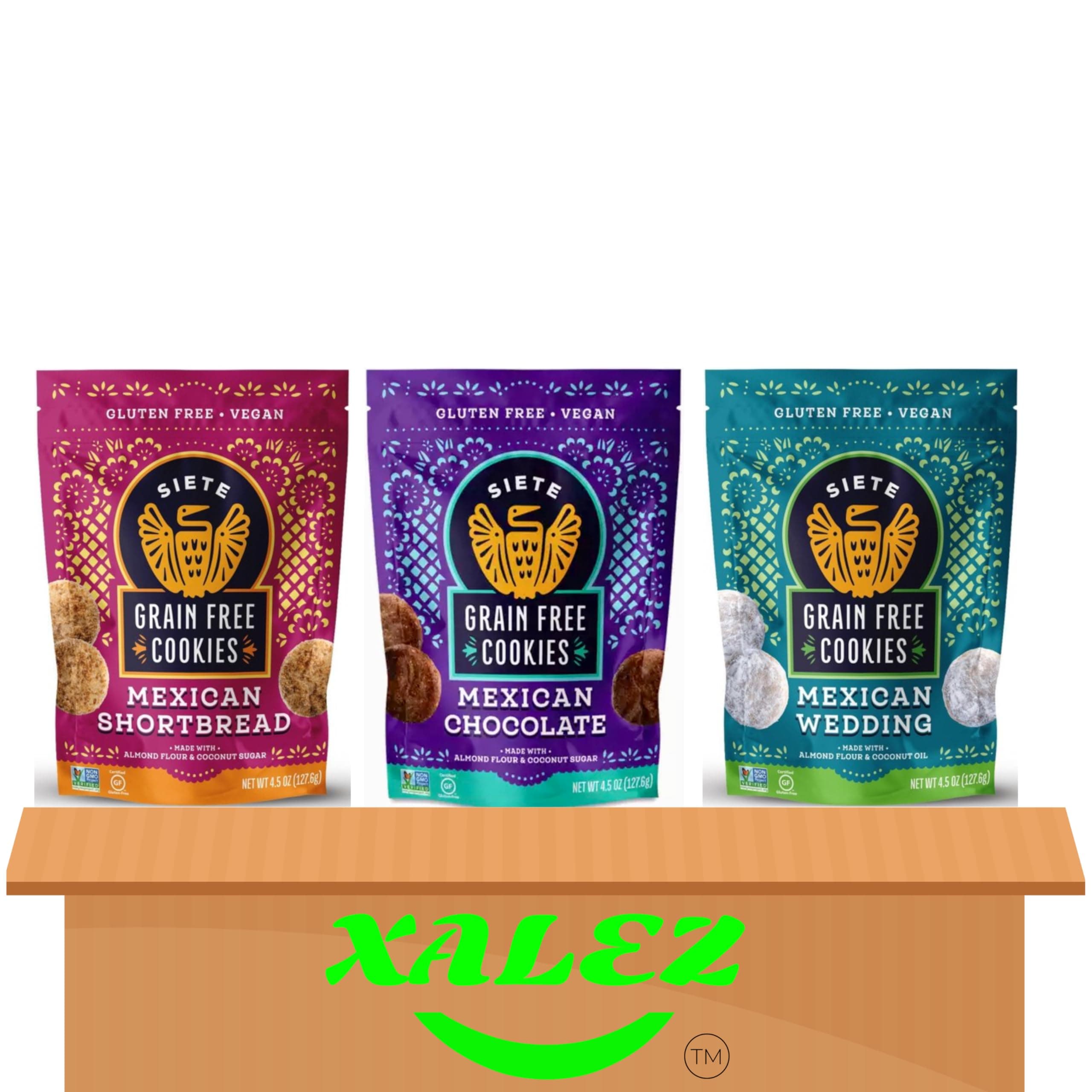 SIETE Grain Free Mexican Cookies 3 Flavor Variety - (1) Chocolate, (1) Shortbread, (1) Wedding (4.5 Ounces) + XALEZ TM Gift Box