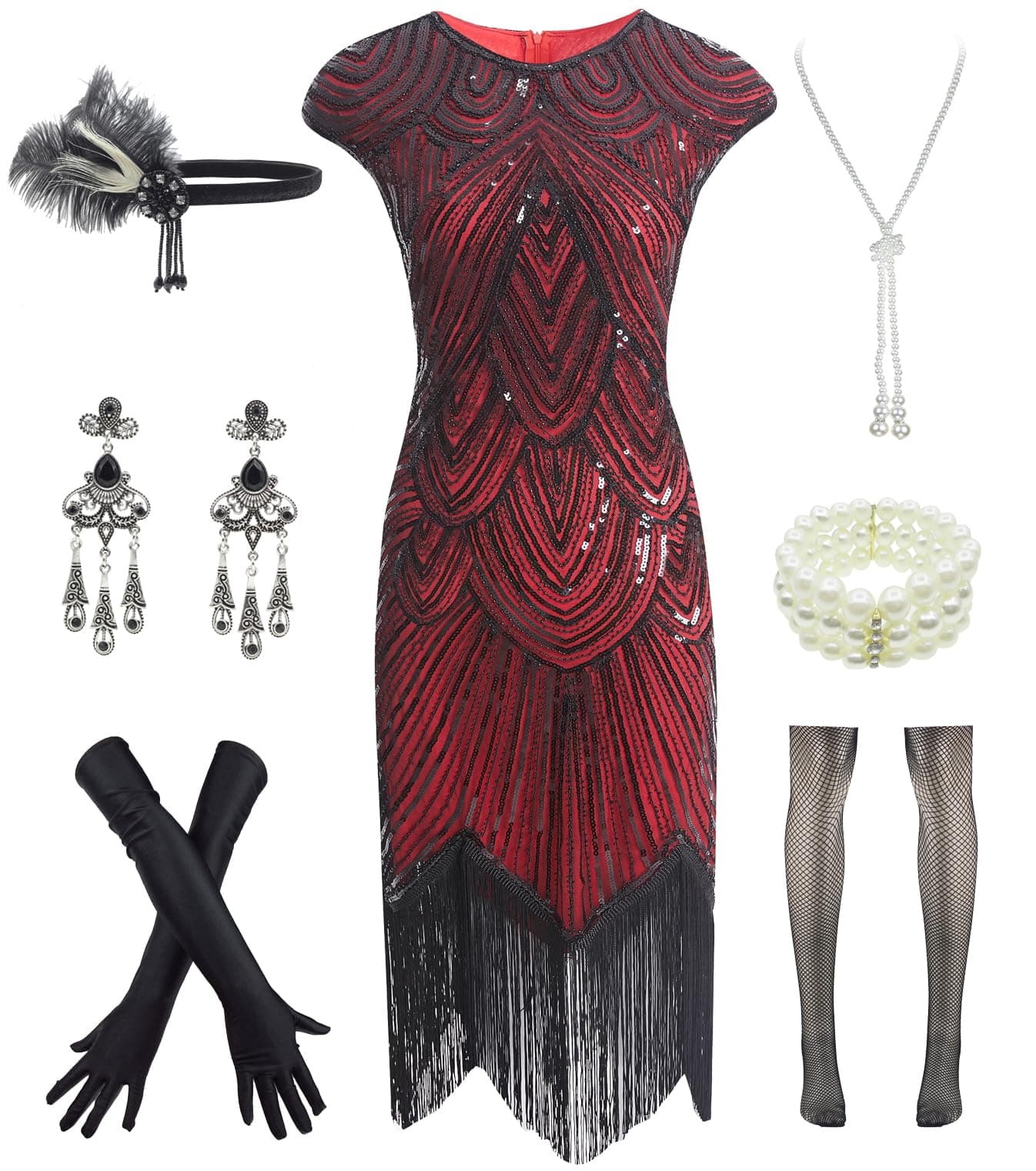 Letter LoveWomens Vintage Lace Fringed Gatsby 1920s Cocktail Dress with 20s Accessories Set