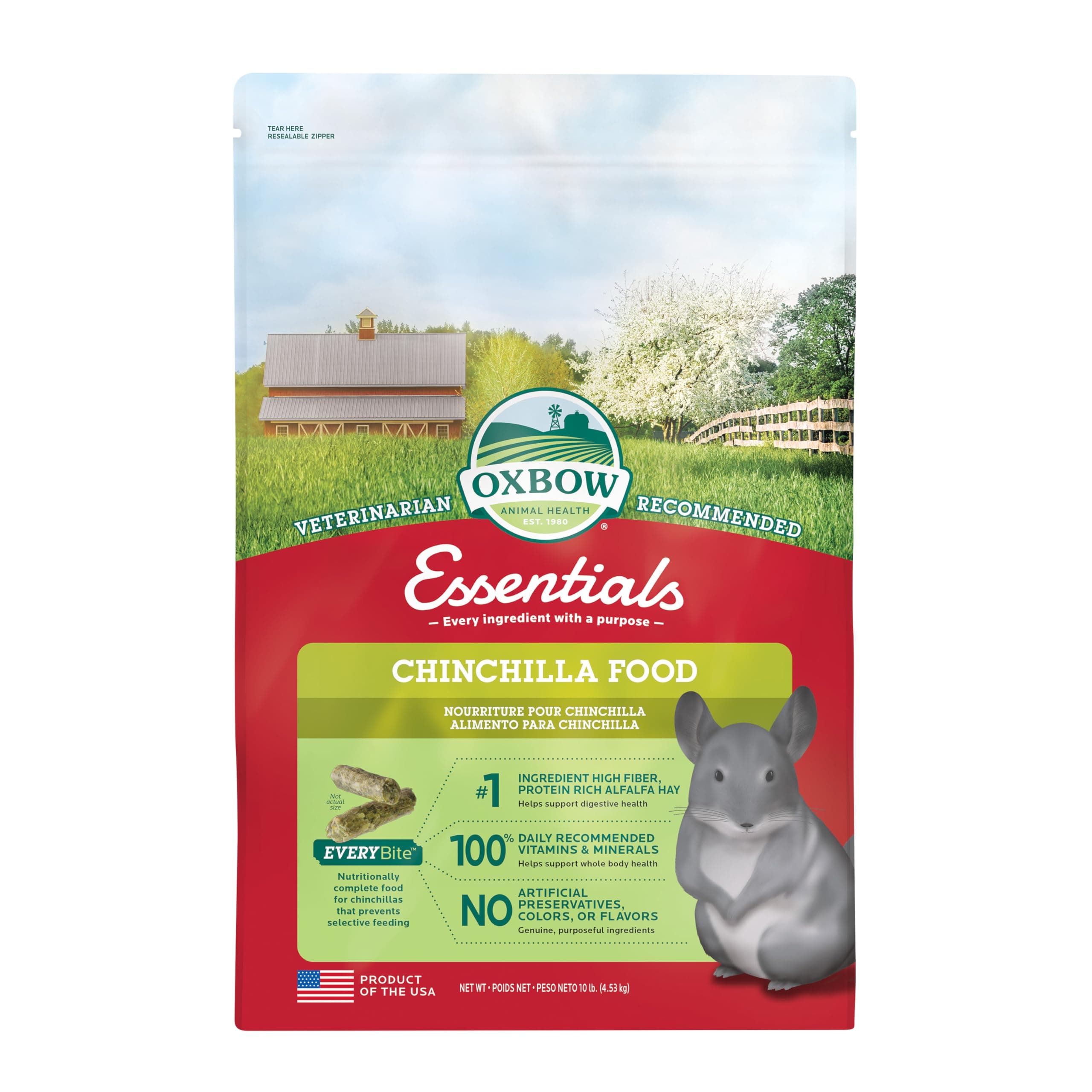 Oxbow Essentials Chinchilla Food, Made with Oxbow Alfalfa, Vitamin & Mineral Rich Food for Chinchillas, Small Animal Pet Pellets, Made in USA, High Fiber, 10 lb Bag
