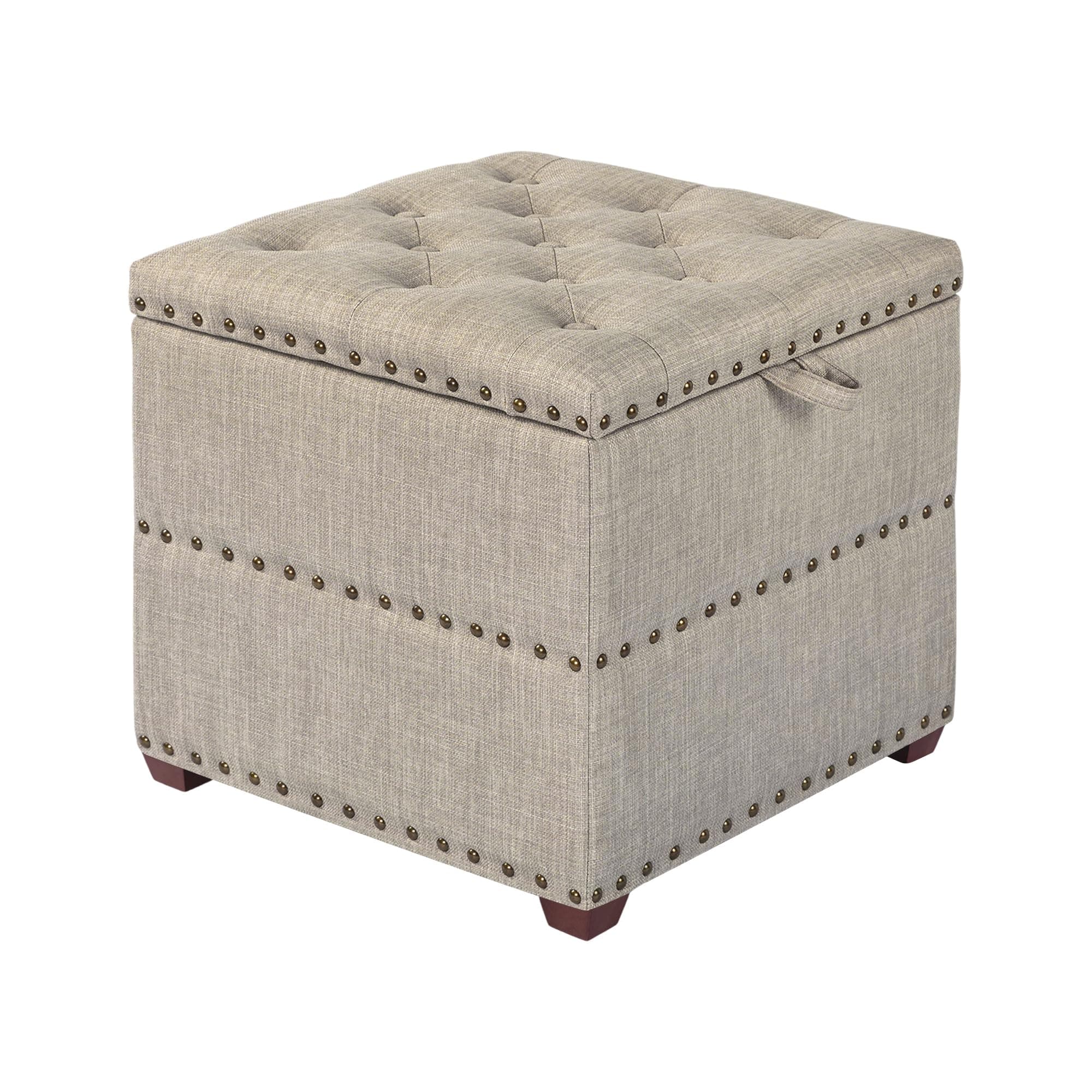 18 Inch High Cube Ottoman Storage, Linen Beige Chair Foot Stools with Tray, Upholstered Vanity Stool with Solid Wood Legs
