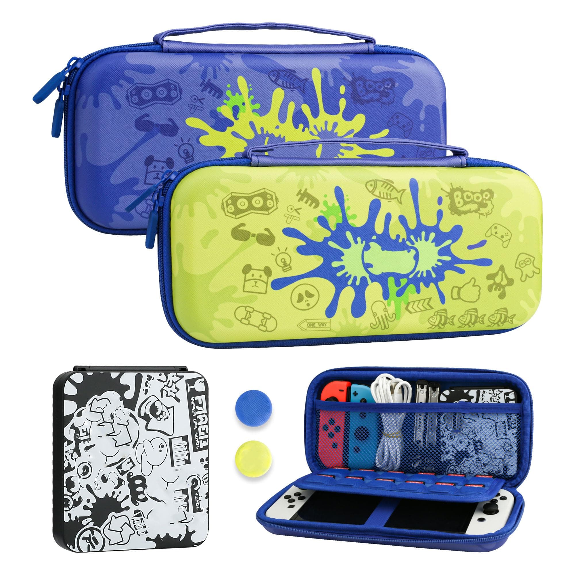 FUNDIARY Blue and Green Travel Carrying Case for Nintendo Switch and Switch OLED with Splatoon 3 Design, Cool Shockproof Accessories Bundle with Slim Portable Storage Bag, Game Case and 2 Thumb Caps