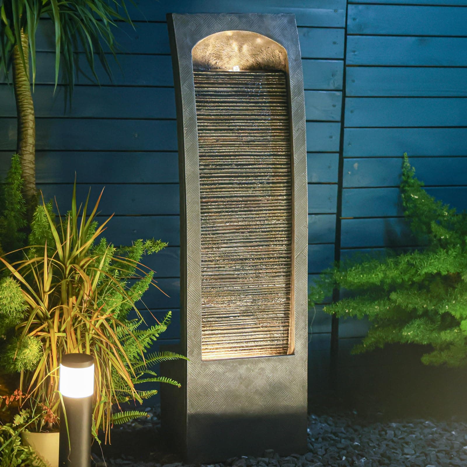 Indoor Water Fountain Modern Curved Faux Slate Waterfall Fountain with LED Lighting 42.5 Inch Tall Tiered Waterfall for Garden Patio Backyard Decor - Durable and Weather- Resistant Design