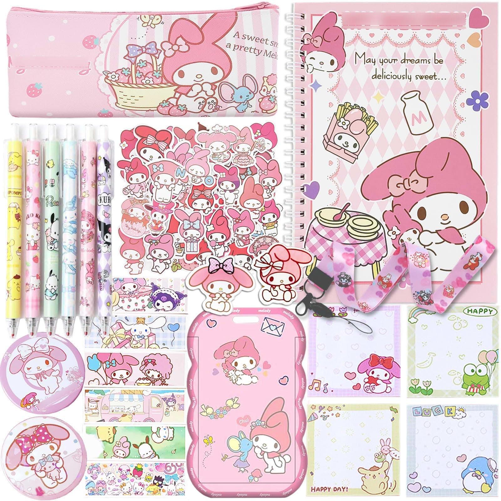 Koiswim Cute School Supplies Kawaii Stationery Gift Set, Including Gel Pens Notebook Pencil Cse Stickers Pins Badge Lanyard Sticky Note Bookmark (M)