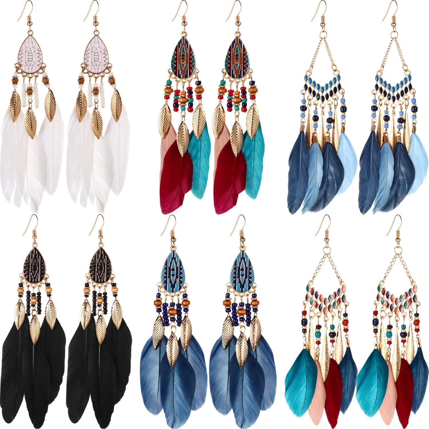 6 Pairs Women Faux Feather Earrings Dream Catcher Bohemian Fringe Tassel Long Drop Dangle Earrings Set with Design for Women