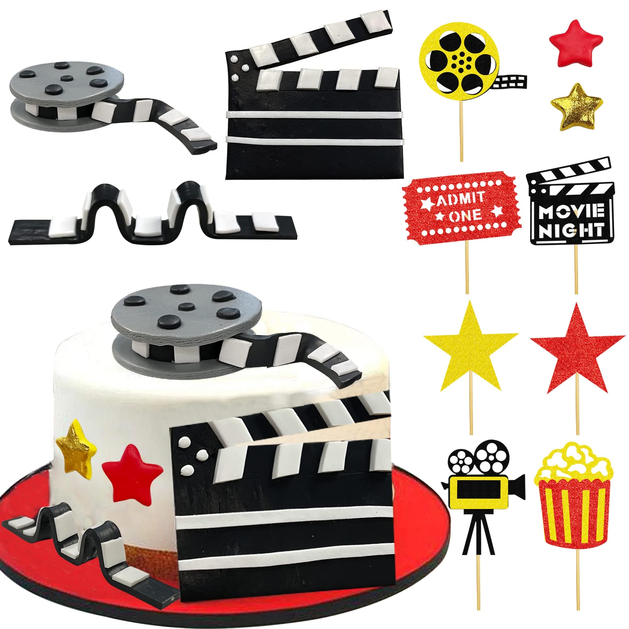 12 PCS Cake Topper Glitter Cupcake Toppers Picks Movie Night Birthday Party Decoration for Movie Theme Birthday Party Baby Shower Supplies