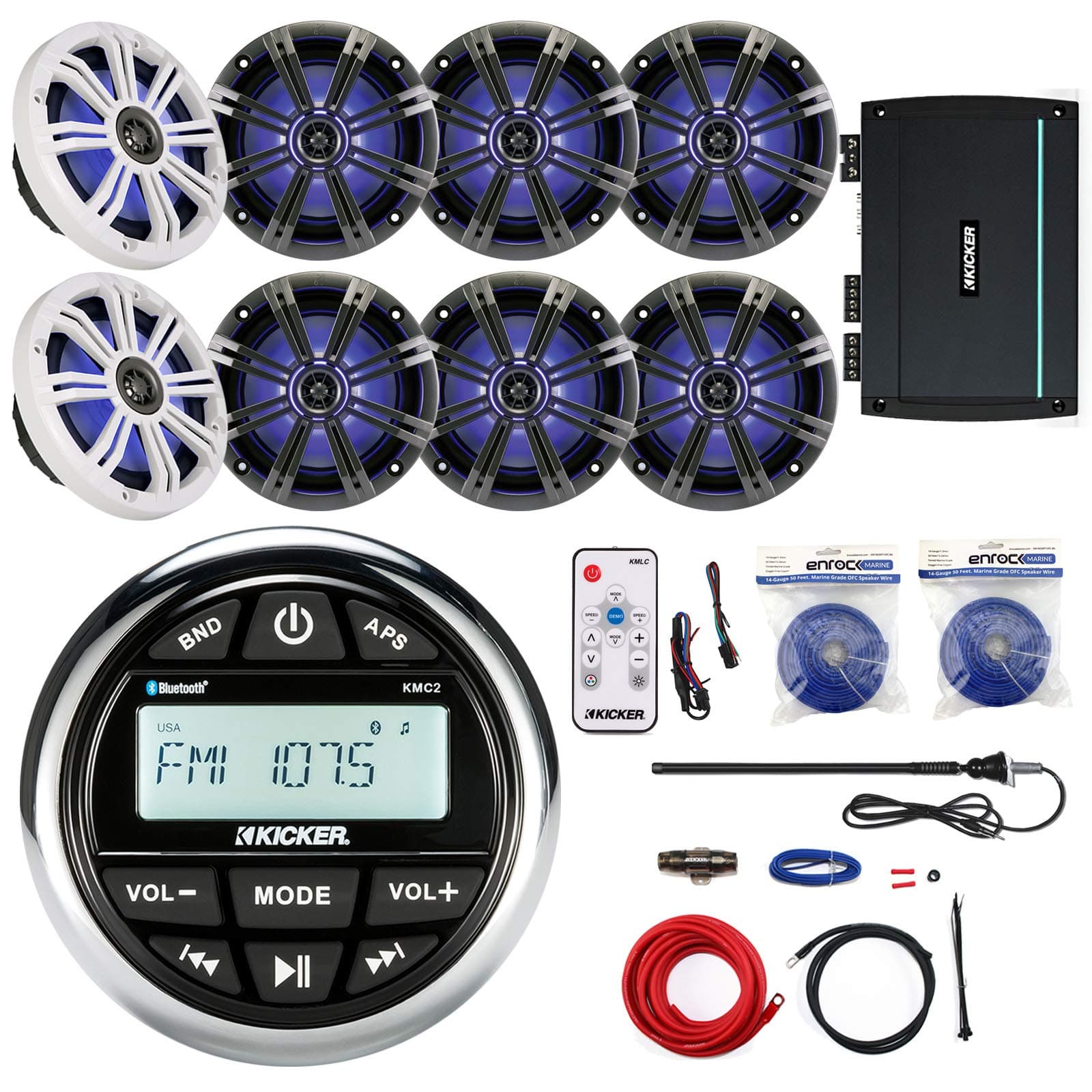 Kicker KMC2 Marine Gauge Style AM/FM Stereo Receiver Bundle Combo With 8x 6.5" Multi Color LED Speakers W/ Light Remote + Compact 400-Watt Amplifier W/ Wiring Kit + Enrock Antenna + 100 Feet 14g Wire
