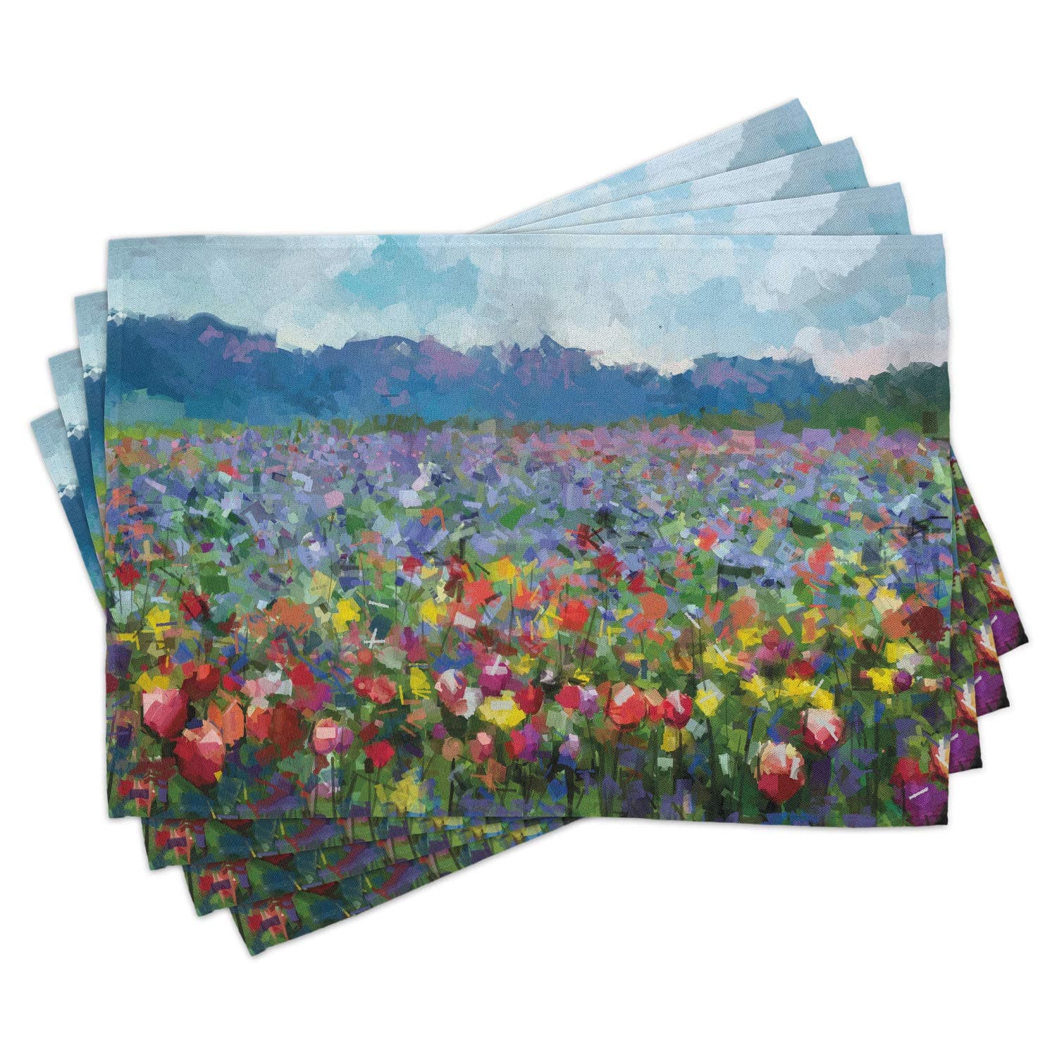 Ambesonne Art Place Mats Set of 4, Rural Landscape with Bunch of Tulip Flower Spring Meadow Refreshing Botany Blurry Image, Washable Fabric Placemats for Dining Table, Standard Size, Blue Ruby