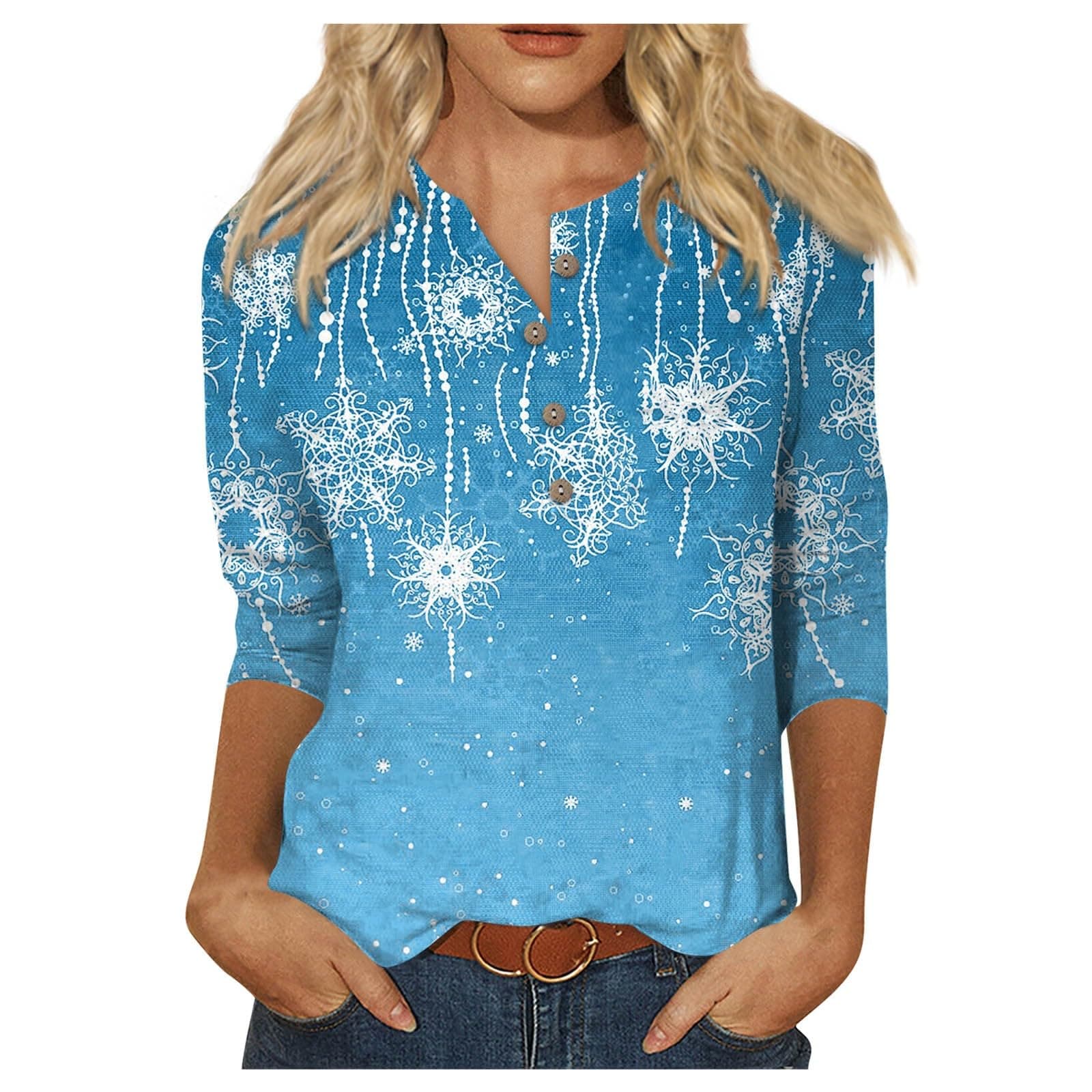 Nadition 3/4 Length Sleeve Womens Tops Blouses for Women Womens Shirts Button Collar Print 3/4 Sleeves Retro Print SlimTee