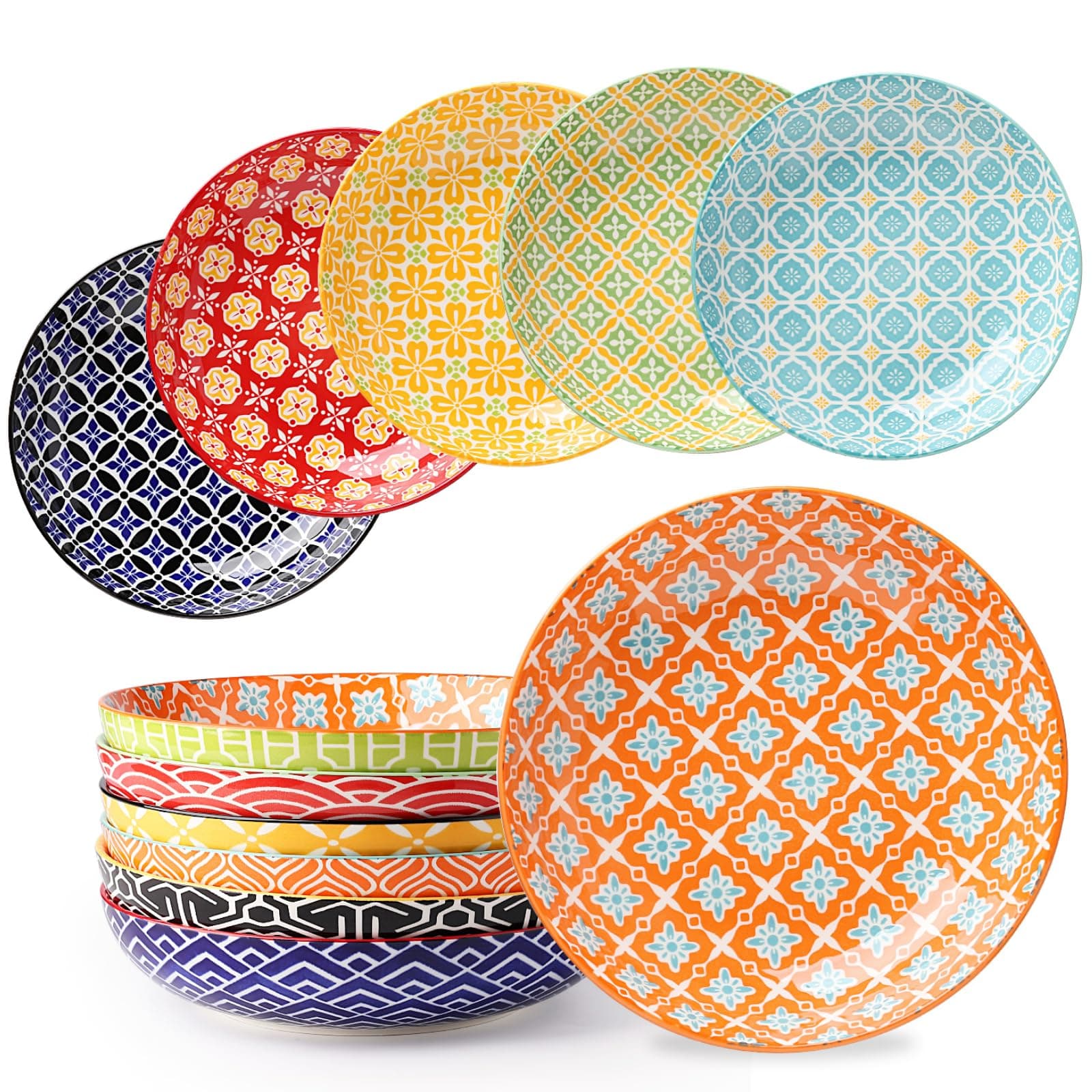 Pasta Bowls Set of 6, 8 Inch Ceramic Salad Bowls, 30 Oz Wide and Shallow Bowl for Kitchen, Serving Dish Plate for Pasta, Salad, Soup, Vibrant Color