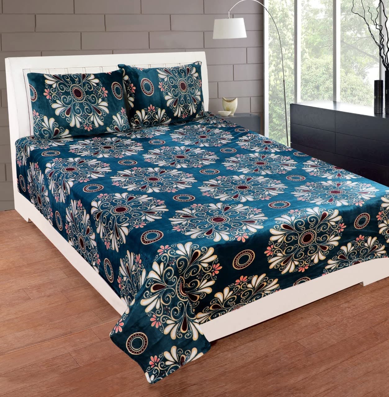 RD TREND 190 Gsm Flannel Warm Abstract Bedsheets For Winter,Double Flat Size 90 X 100 Inches,2 Pillow Covers 18 X 28 Inches(Teal Green,Double Flat), 300 TC