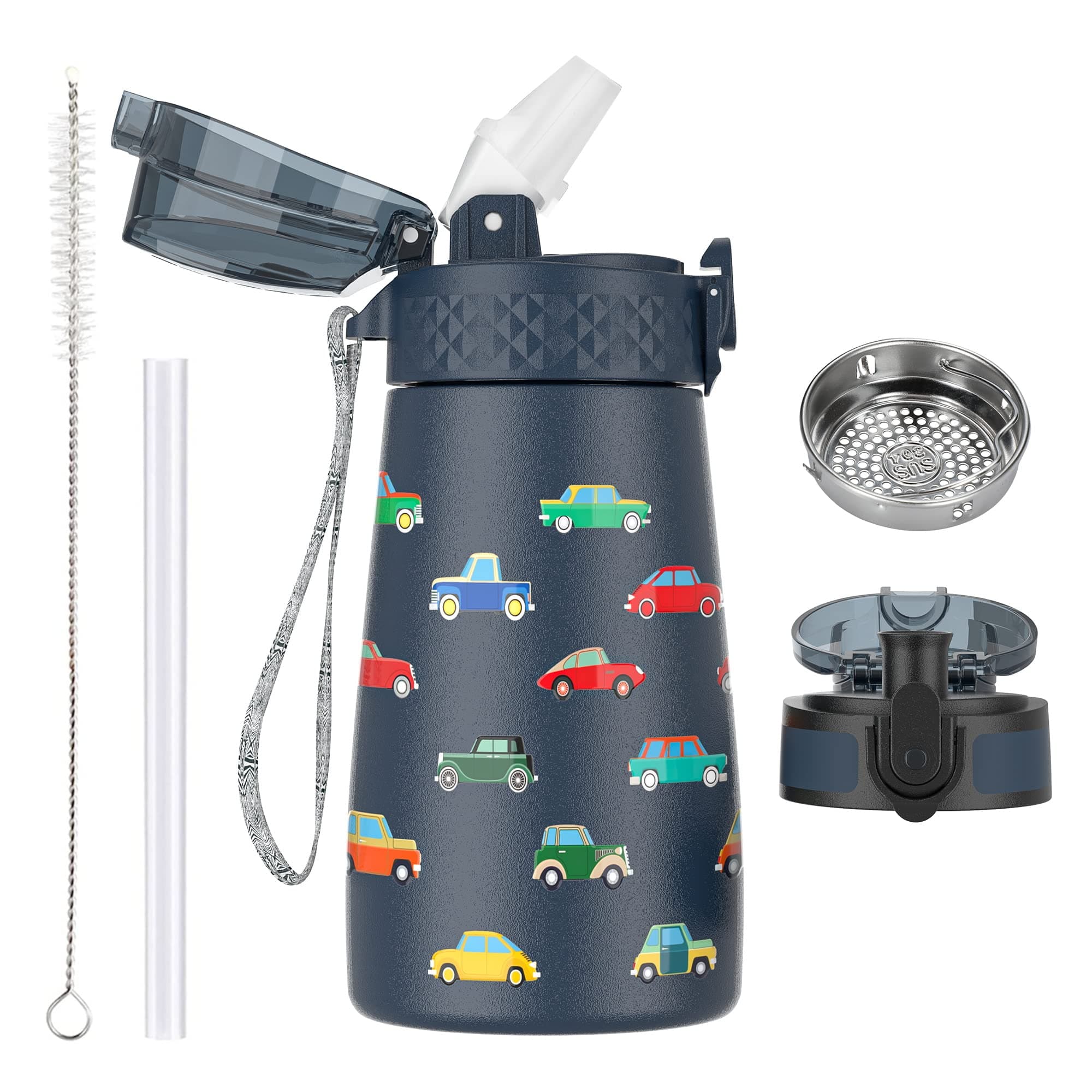 350ml/12oz Kids Stainless Steel Water Bottle with Straw for School with 2 Different Lid Metal Vacuum Insulated Water Bottles Small Flask for Boys Girls Toddler Children Hot Cold Drinks BPA Free