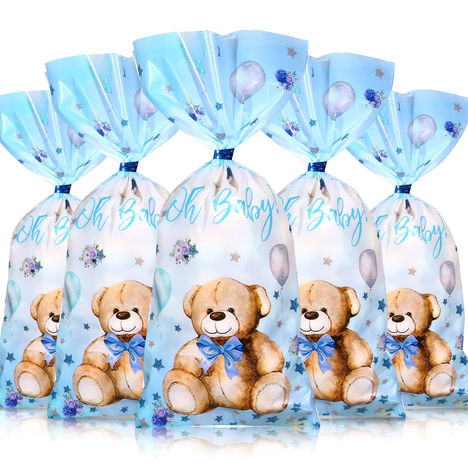Pajean 100 Pack Bear Baby Shower Treat Bags Bear Cellophane Bulk Plastic Goodie Candy Gift Bags with Metallic Twist Ties for Gender Reveal Birthday Party Favors(Blue)