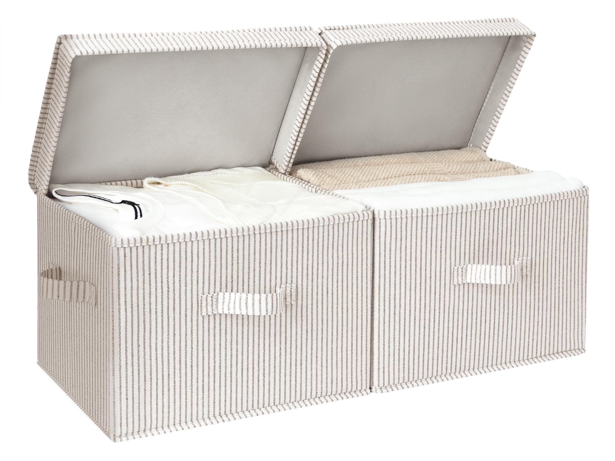StorageWorks Fabric Storage Bins with Lid, Decorative Storage Boxes for Shelves, Stackable Closet Organizer Basket with Handles, Large, Khaki and Beige Stripes, 2-Pack