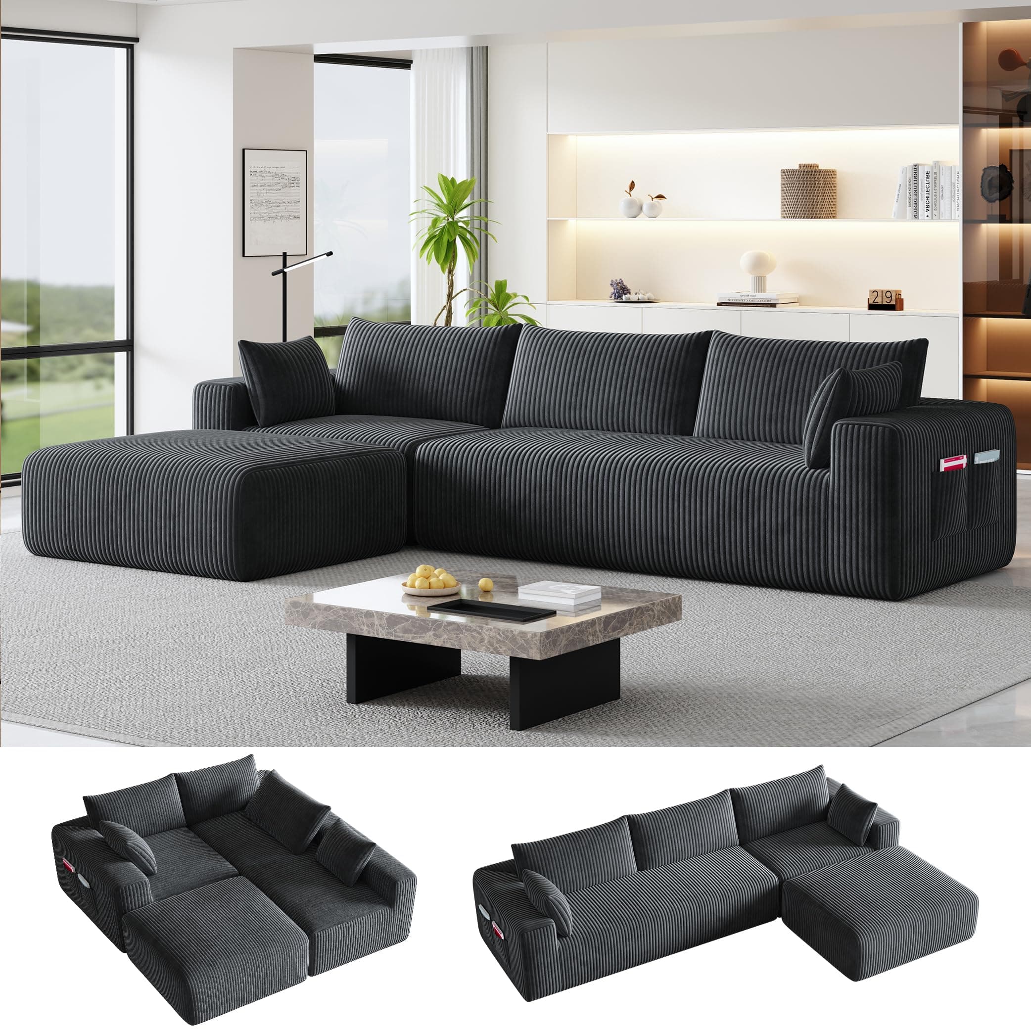108" Cloud Couch Modular Sectional Sofa for Living Room,L Shaped Boneless Couch with Deep Seat Chaise,No Assembly Required Foam Sleeper Sofa for Apartments,Plush Corduroy Fabric, Dark Gray