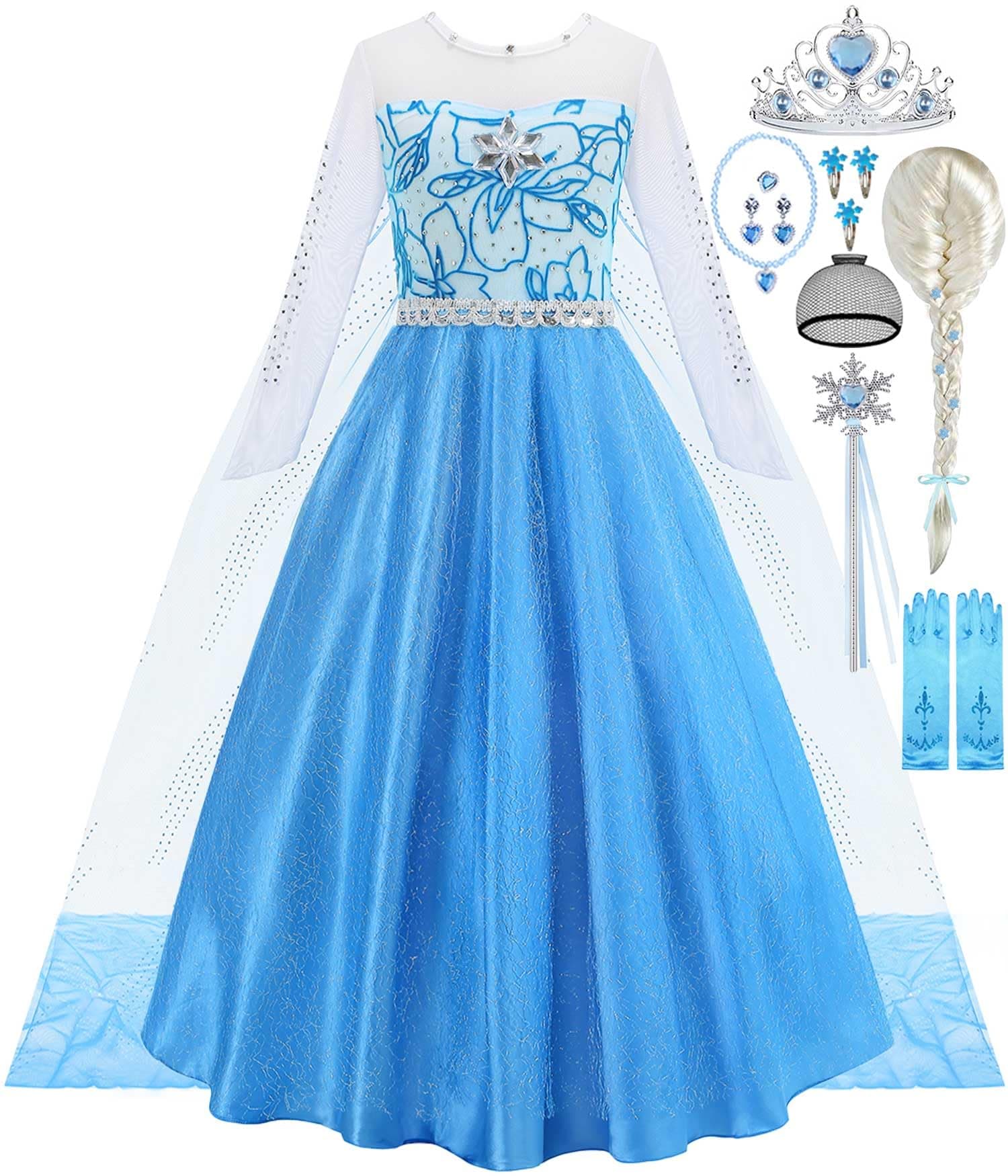 Elsa Costume for Toddler Girls Snow Princess Dress Blue Halloween Cosplay Dress Up Outfits with Wig