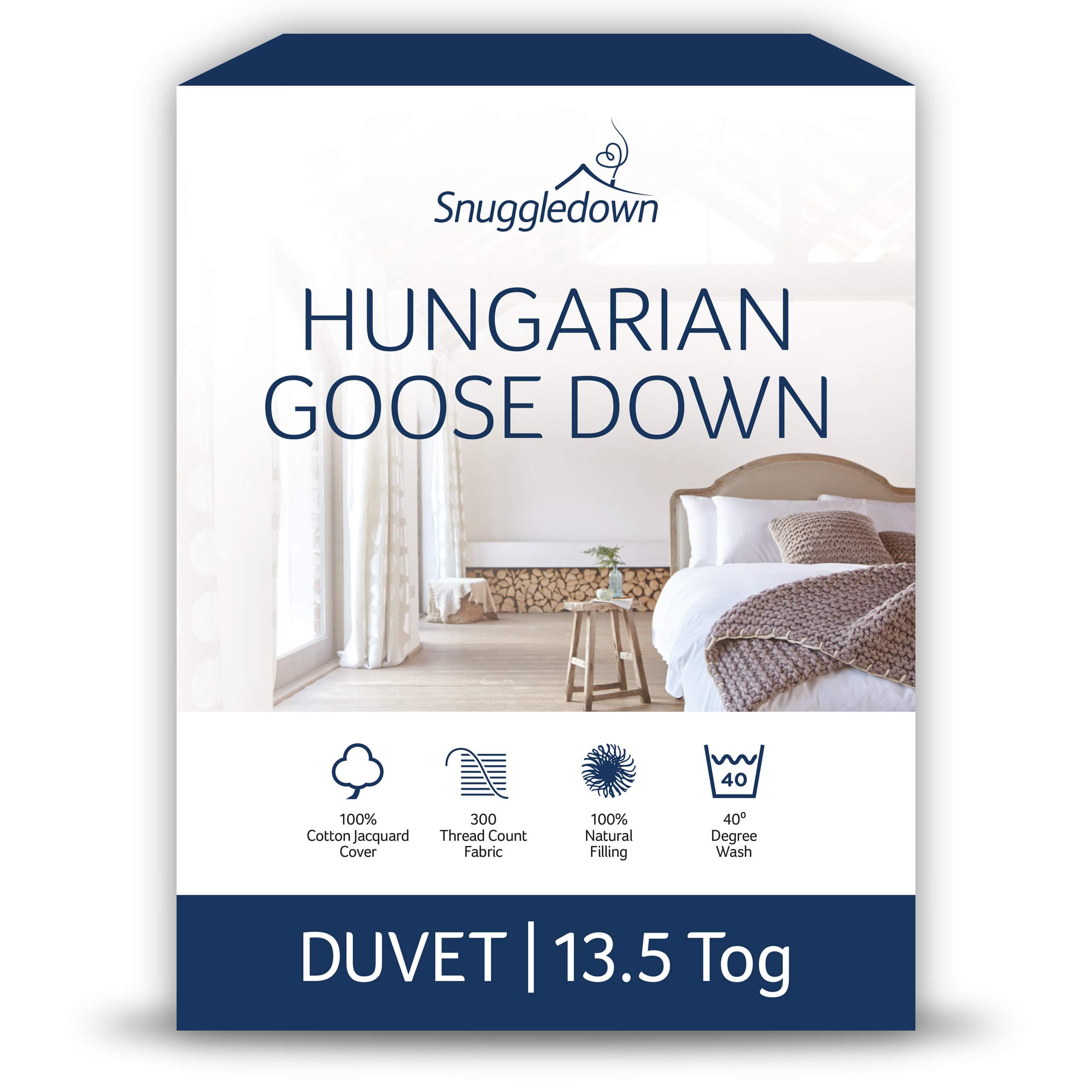 Snuggledown Hungarian Goose Down King Size Duvet 13.5 Tog - Warm & Cosy Winter Quilt with Ethically Sourced 80:20 Blend | UK-Made, 300tc Cotton Cover, Box Stitch, Washable (225 × 220cm)
