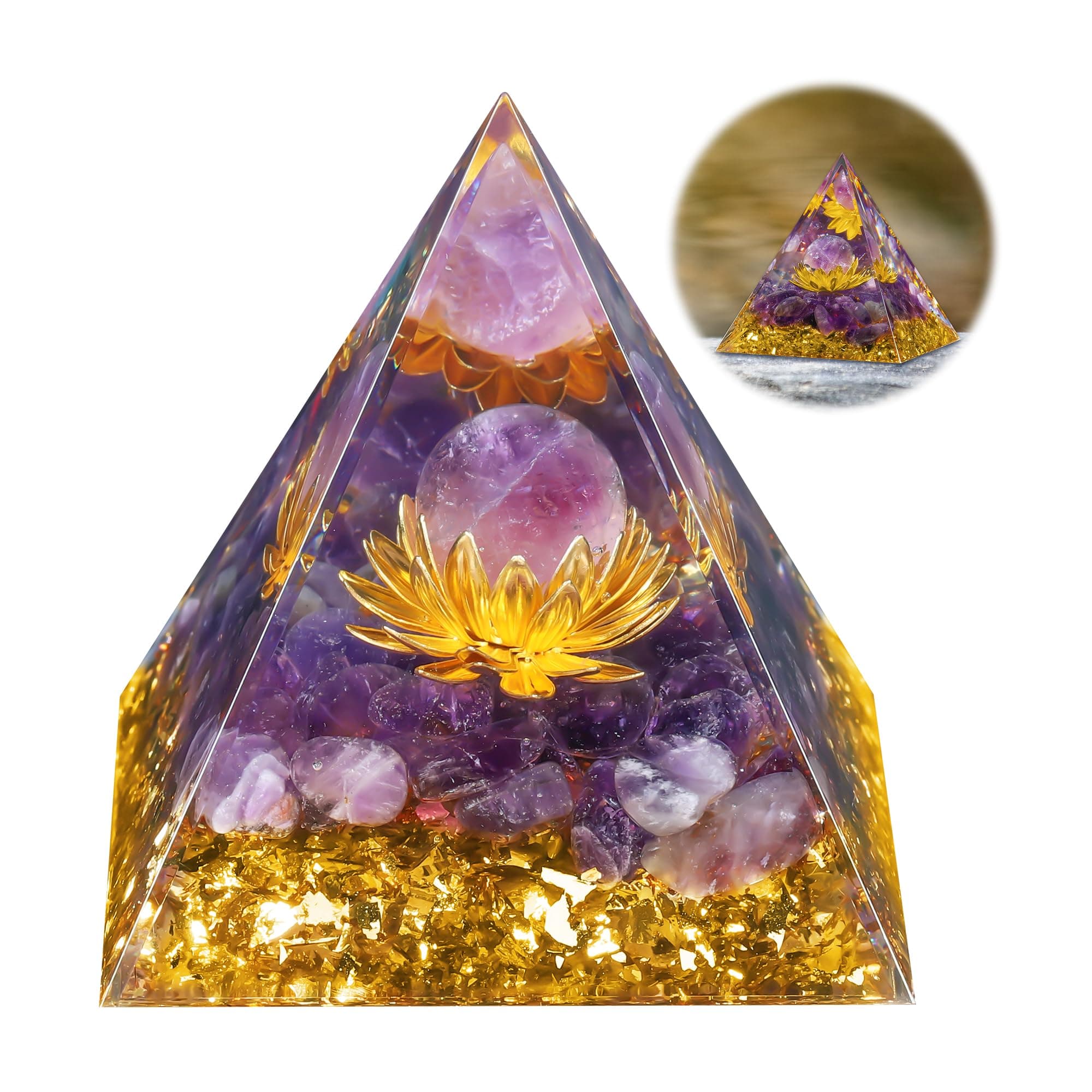 Hejo Crystal Pyramid, Moonstone Energy Crystal Orgone Pyramid, Flower of Life Crystal Orgonite Pyramids, Healing Crystal Gifts, Nature Reiki Crystals for Healing Chakra Meditation (Amethyst)