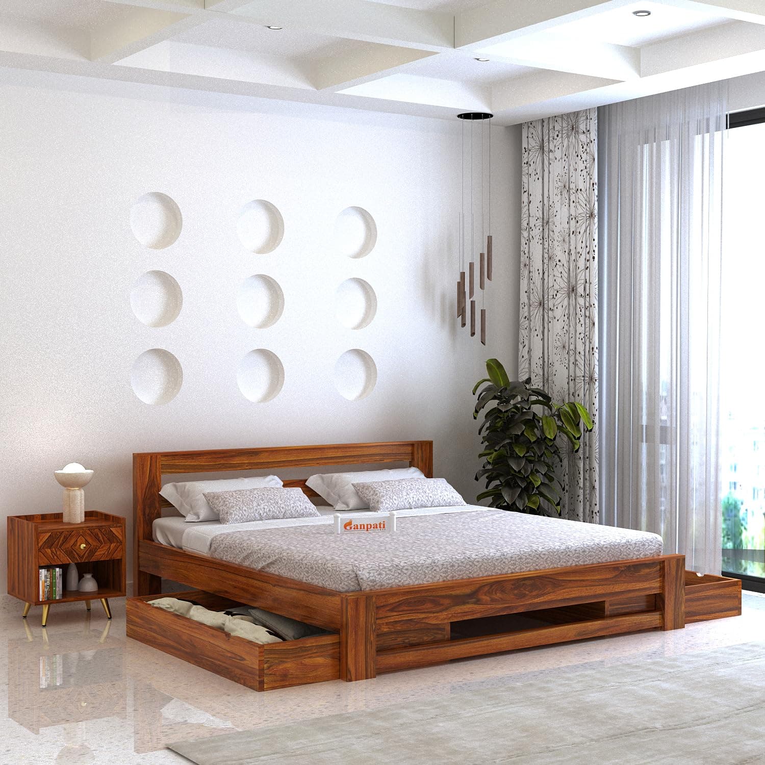 Ganpati Arts Sheesham Wood Foster Queen Size Bed with Drawer Storage for Bedroom | Wooden Double Bed Cot Palang Furniture for Living Room Home Hotel (Natural Finish)