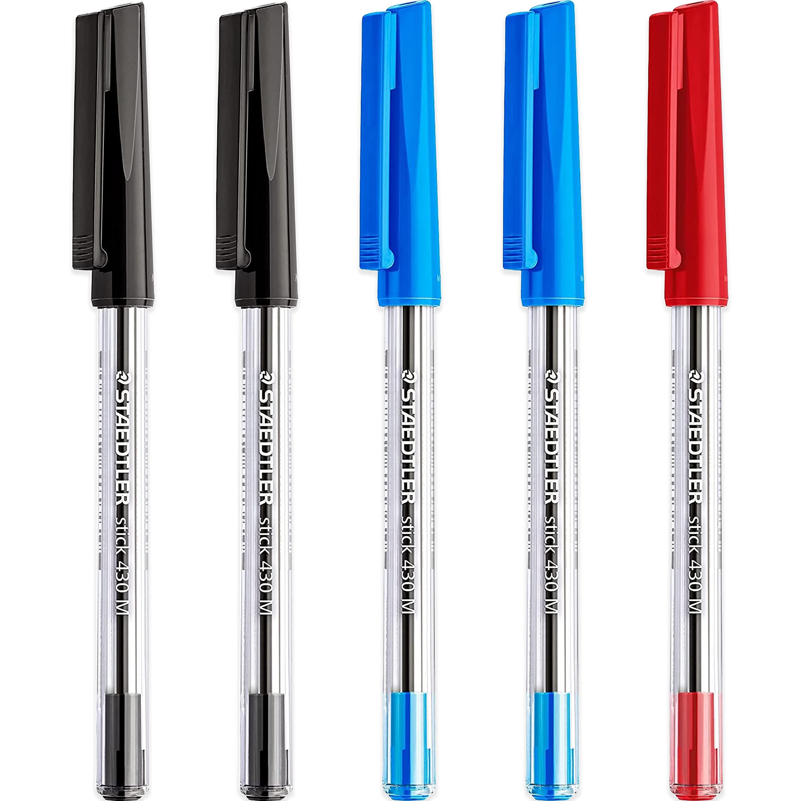 Medium 0.5mm 430 Stick Ballpoint Pens Writing Pen Smooth - Black, Blue & Red Ink - Pack Of 5