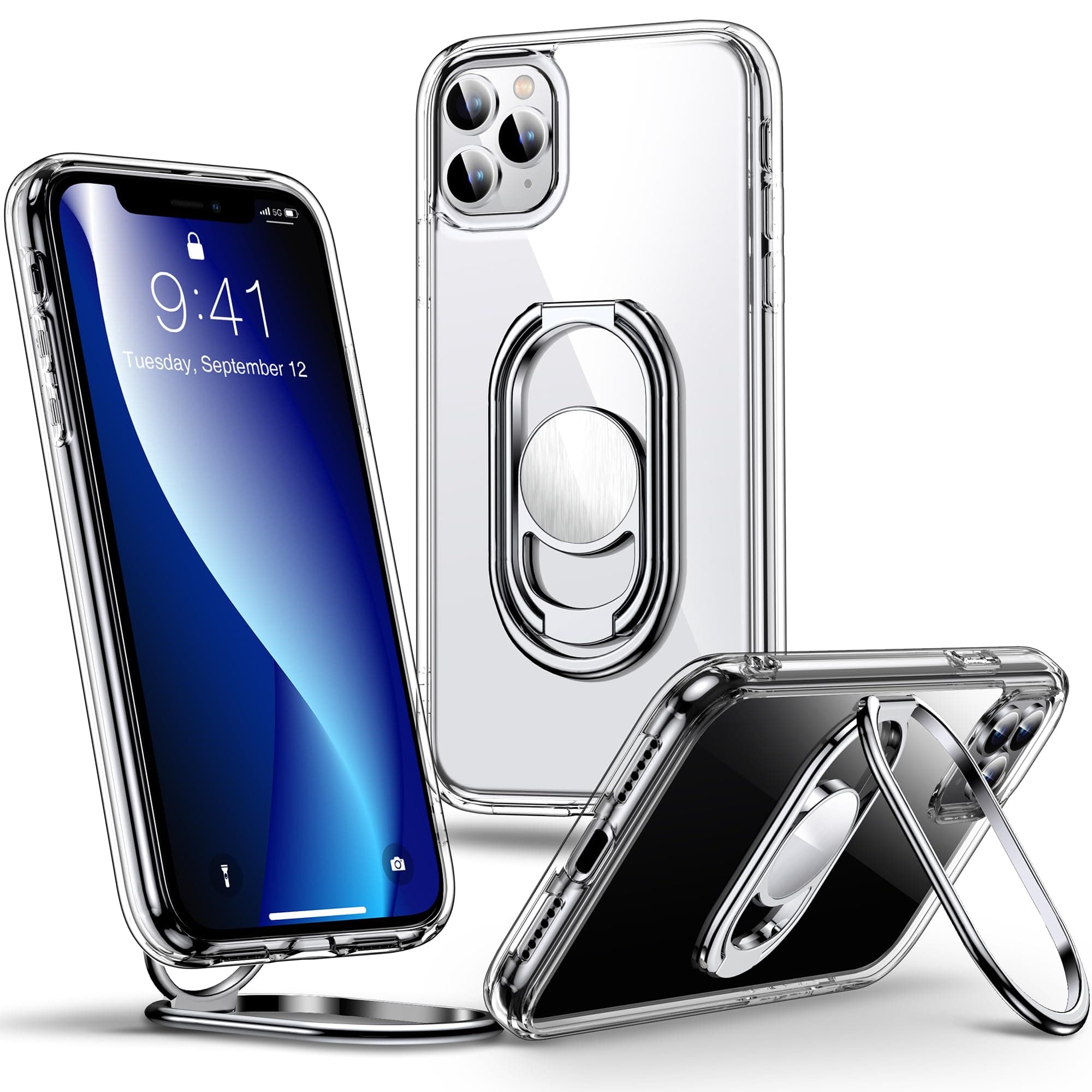 Shields Up for iPhone 11 Pro Max Case with Stand, Phone Case Clear with Double Ring Holder [Adjustable & Foldable] Shockproof Protective Cover for iPhone 11 Pro Max 6.5 inch - Clear