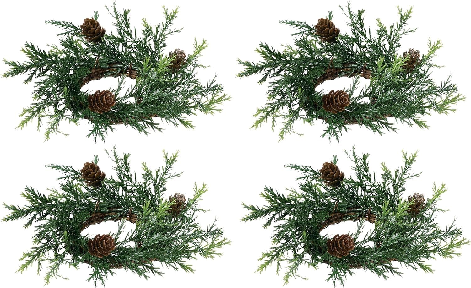 Set of 4 Holiday Candle Rings On Vine Base With Pine Cones and Greenery -Light Silver Glitter - 2 Inch Opening, 6 Inch Outside Diameter
