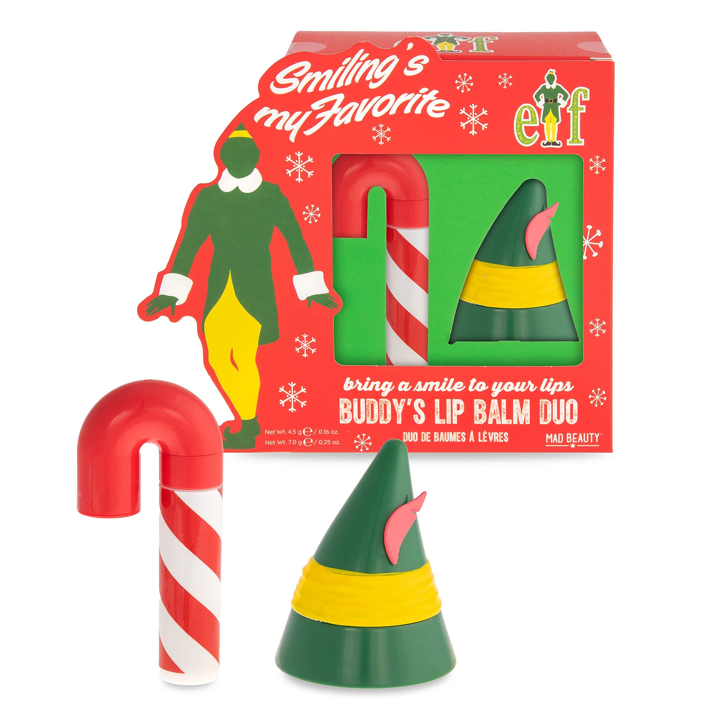 MAD BEAUTY Warner Bros Elf Lip Balm Duo, Candy Cane & Elf Hat, Sweet Fruity Fragrance, Moisturizing, Gift, Travel Size, Christmas, Holidays