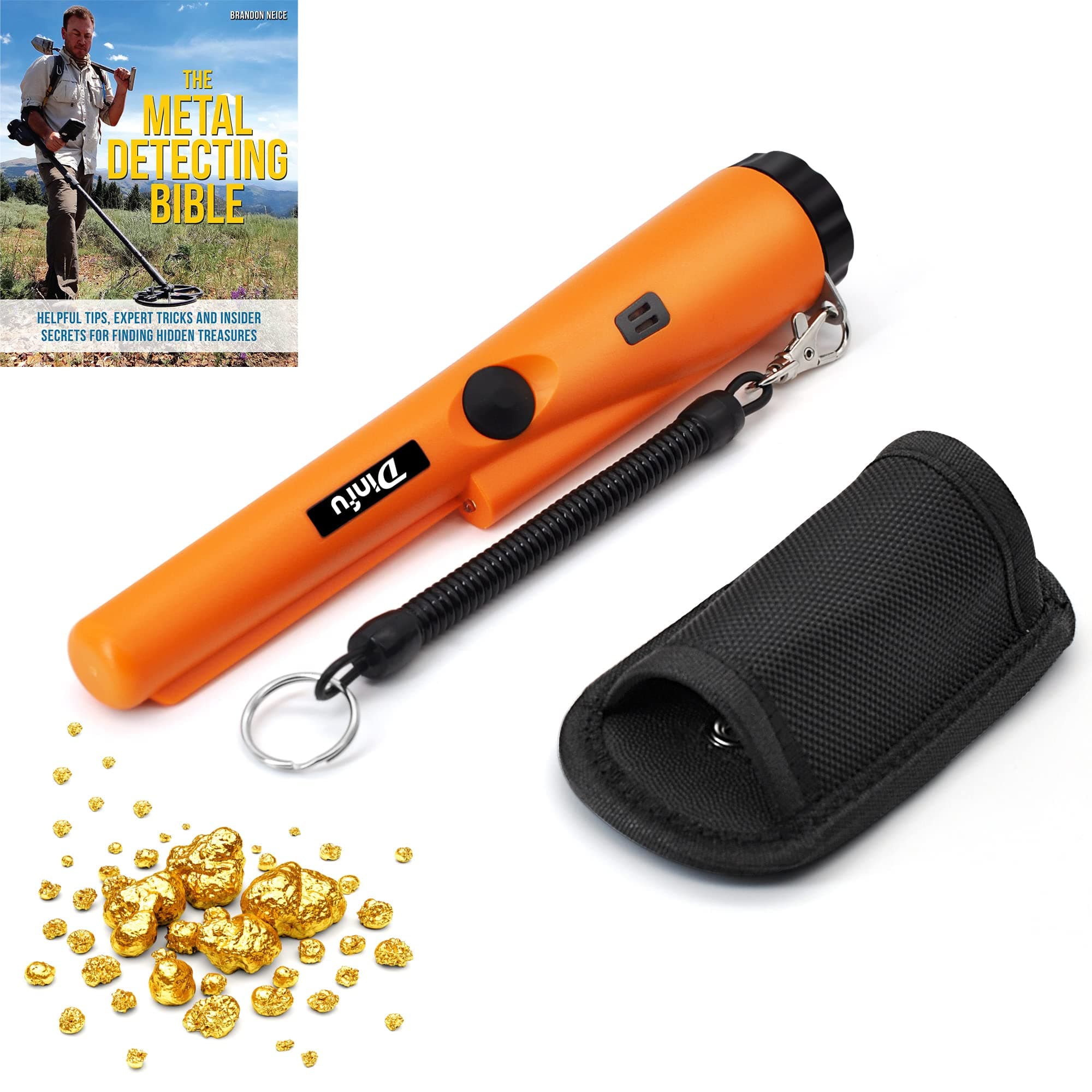 Dinfu Metal Detector,Portable Waterproof Handheld Detector Treasure Metal Finder Probe Detectors with Holster, Pinpointer Detectors Wand for Locating Gold, Coin,Silver,(Three Mode) Orange