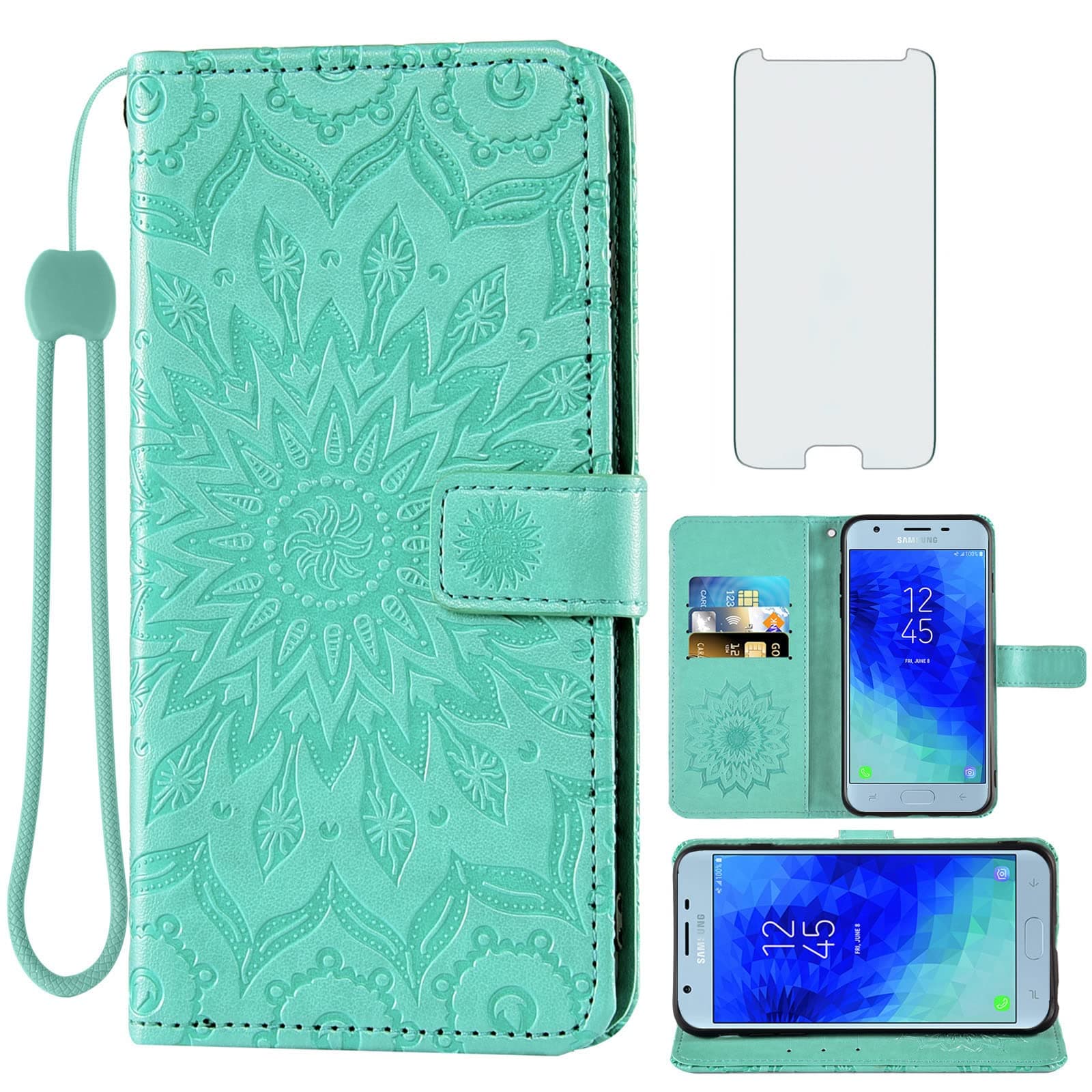 Phone Case for Samsung Galaxy J3 Orbit J 3 Star 2018 3J Achieve Wallet with Tempered Glass Screen Protector Flip Cover Card Holder Stand Cell Glaxay J3V V 3rd Gen SM J337A J337V J337 Women Green