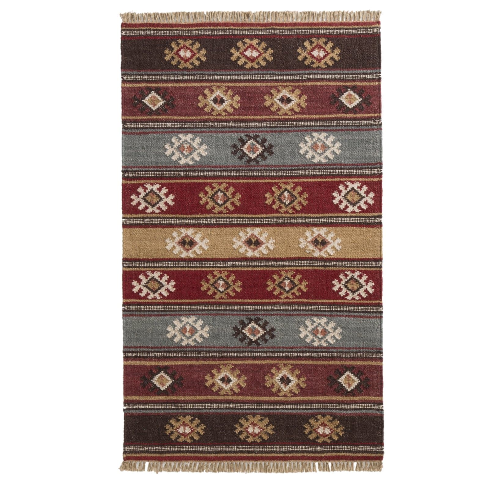 Indian Arts Zanskar Indian Kilim Rug Grey Red Beige Colours 80% Wool 20% Cotton (75 x 120cm)