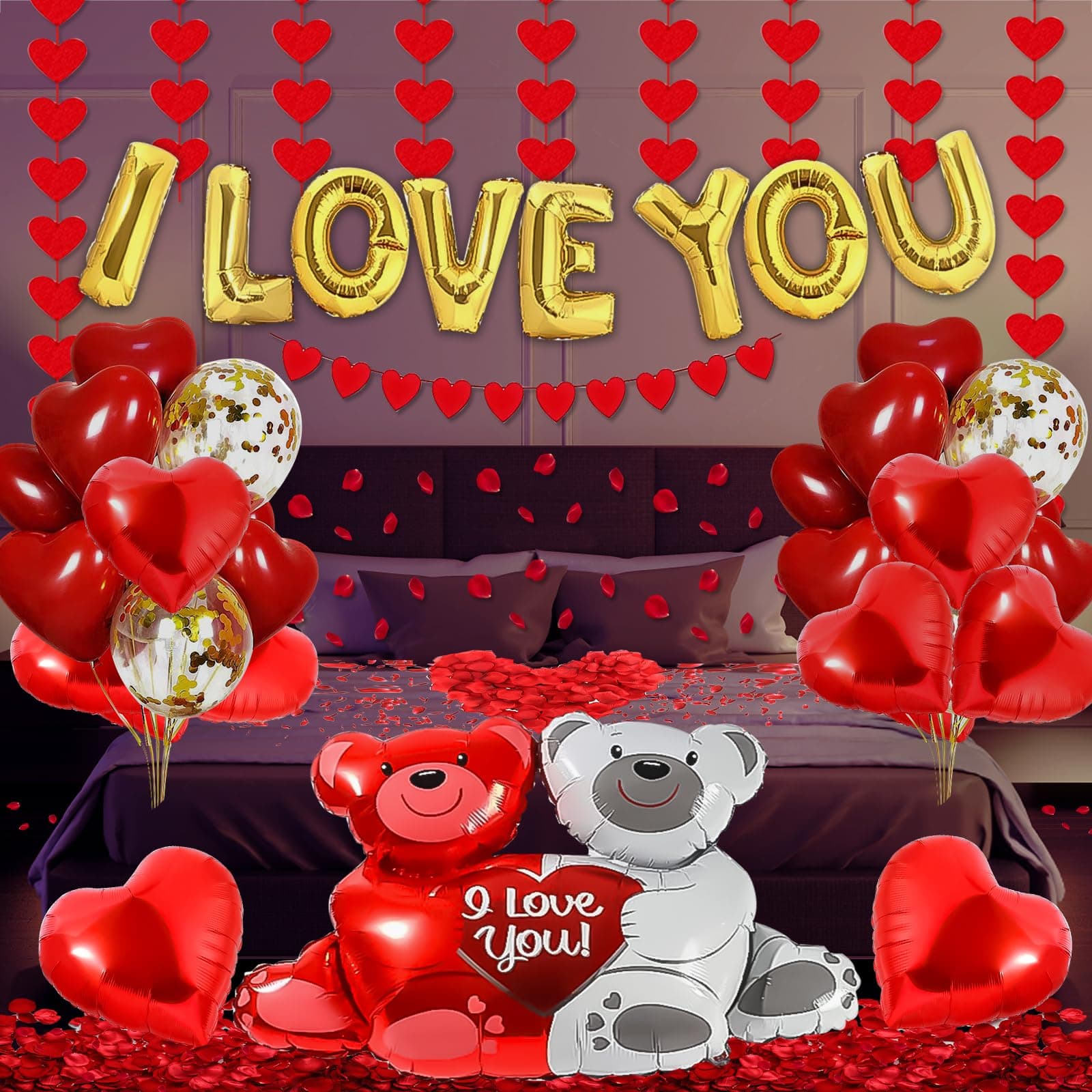 Valentines Day Decorations, I Love You Balloons and Heart Balloons Kit with 1000pcs Artificial Rose Petals and 4Pack Red Heart Garland for Valentine Day Romantic Special Night Anniversary Decorations