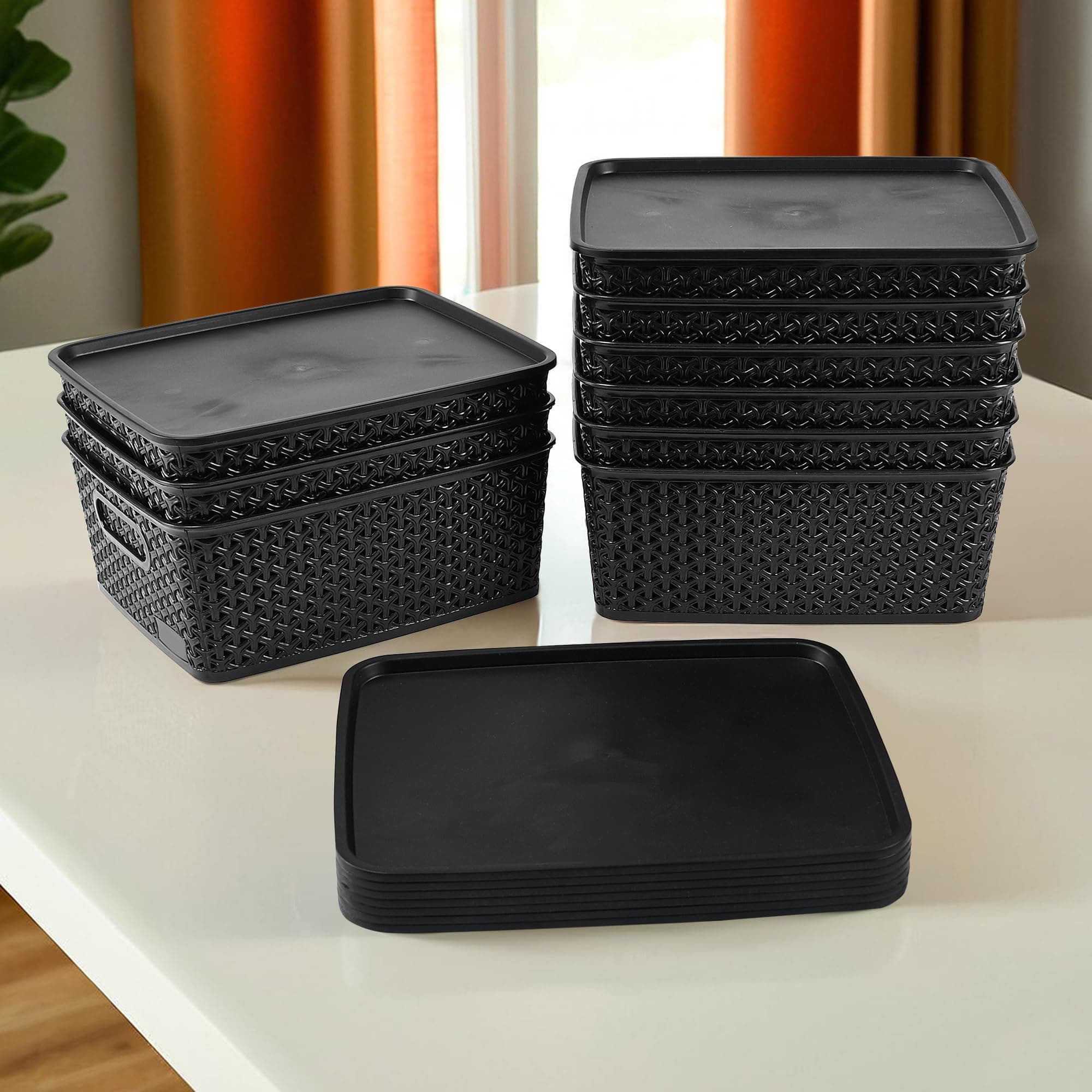 Kuber Industries 9 Pcs Stackable Plastic Storage Box with Lid | H5 Multi-Purpose Basket for Storage - Ideal Home Organizers for Baby Dress, Stationary, Medicine & Pooja Items | Black
