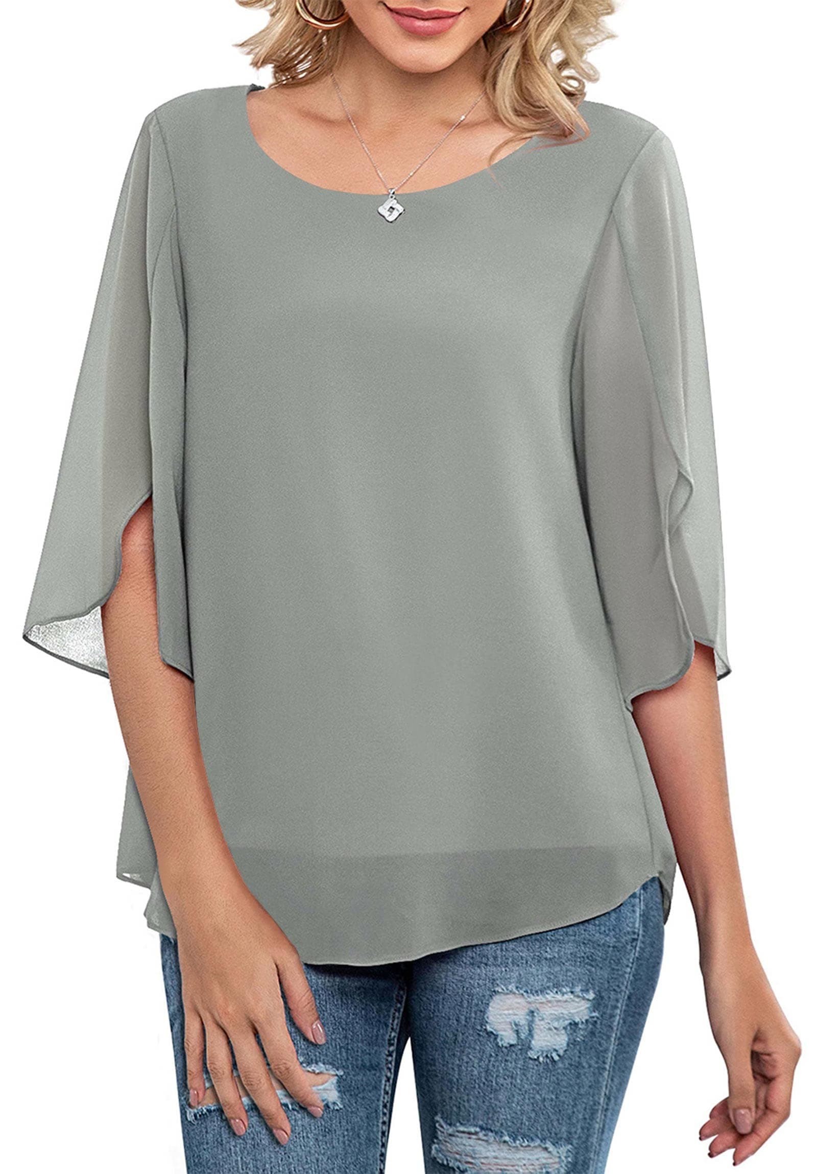 NeineiwuWomens Casual Scoop Neck Loose Top 3/4 Sleeve Chiffon Blouse Shirt Tops