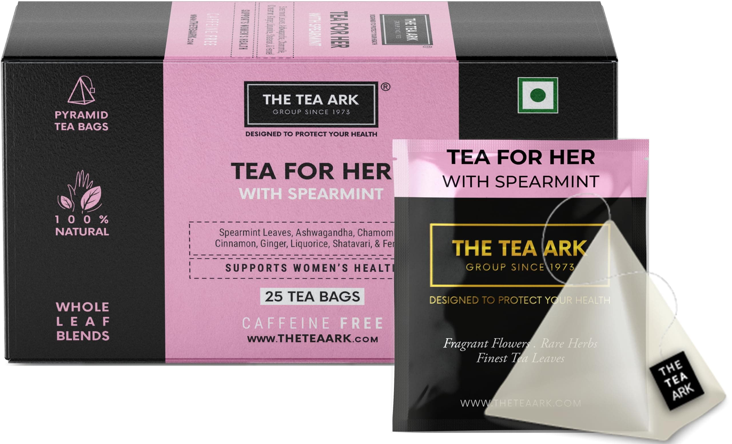 The Tea Ark Spearmint Tea For her PCOS (25 Count) | Tea for Her Herbal Tea For Women with Shatavari & Fennel | Caffeine Free Whole Leaf Blend | Individually Wrapped Pyramid (25 Tea Bags, Spearmint)
