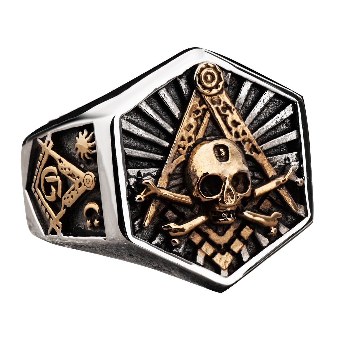 gothiclolita Masonic Ring for Men Hexagon Skull Stainless Steel Freemason Totem Jewelry (12)