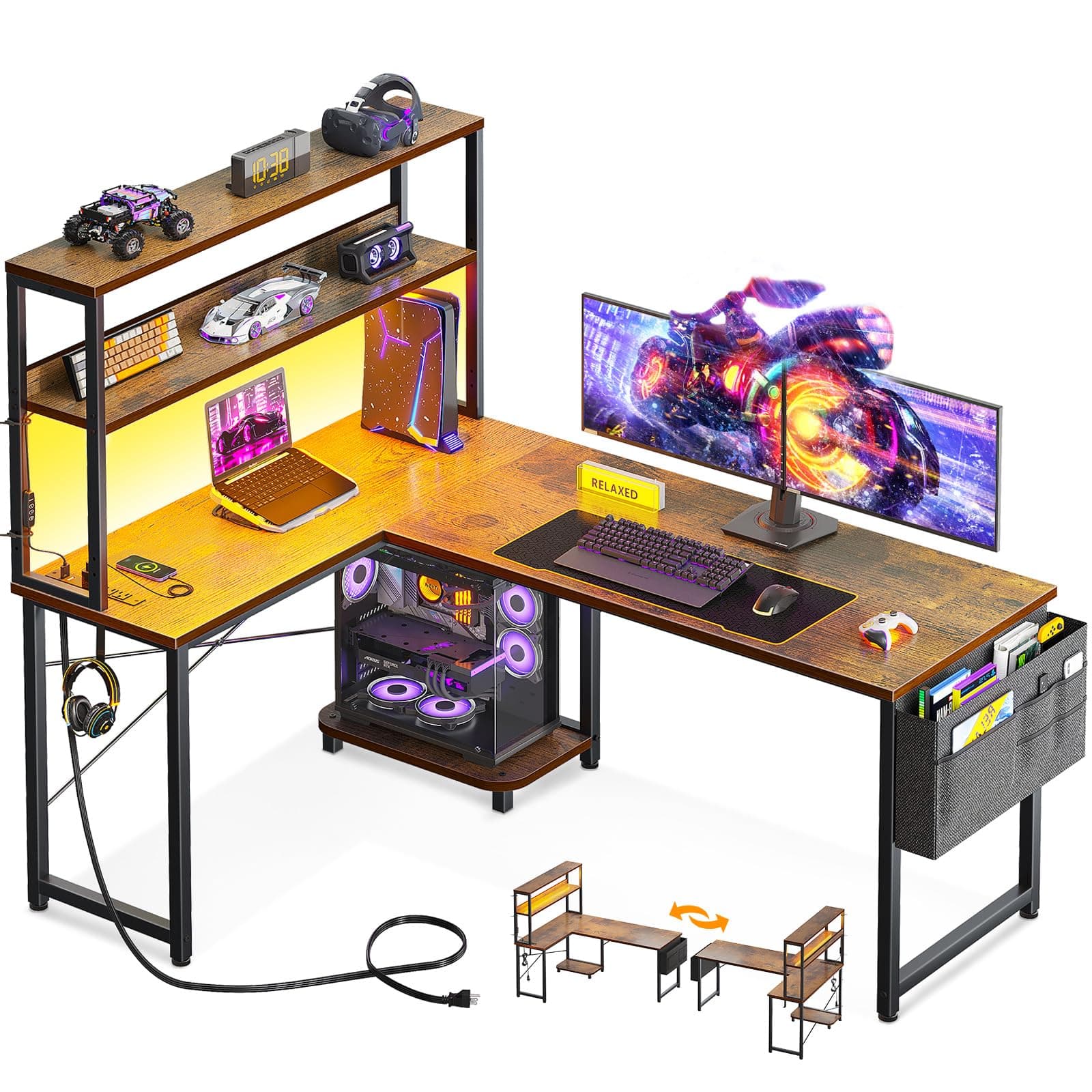 ODK 53 Inch L Shaped Desk with LED Lighting, Reversible Gaming Desk with Power Outlets, Cornor Computer Table with Storage Shelves & Bag & Iron Hook, Home Office Table for Writing, Study, Vintage