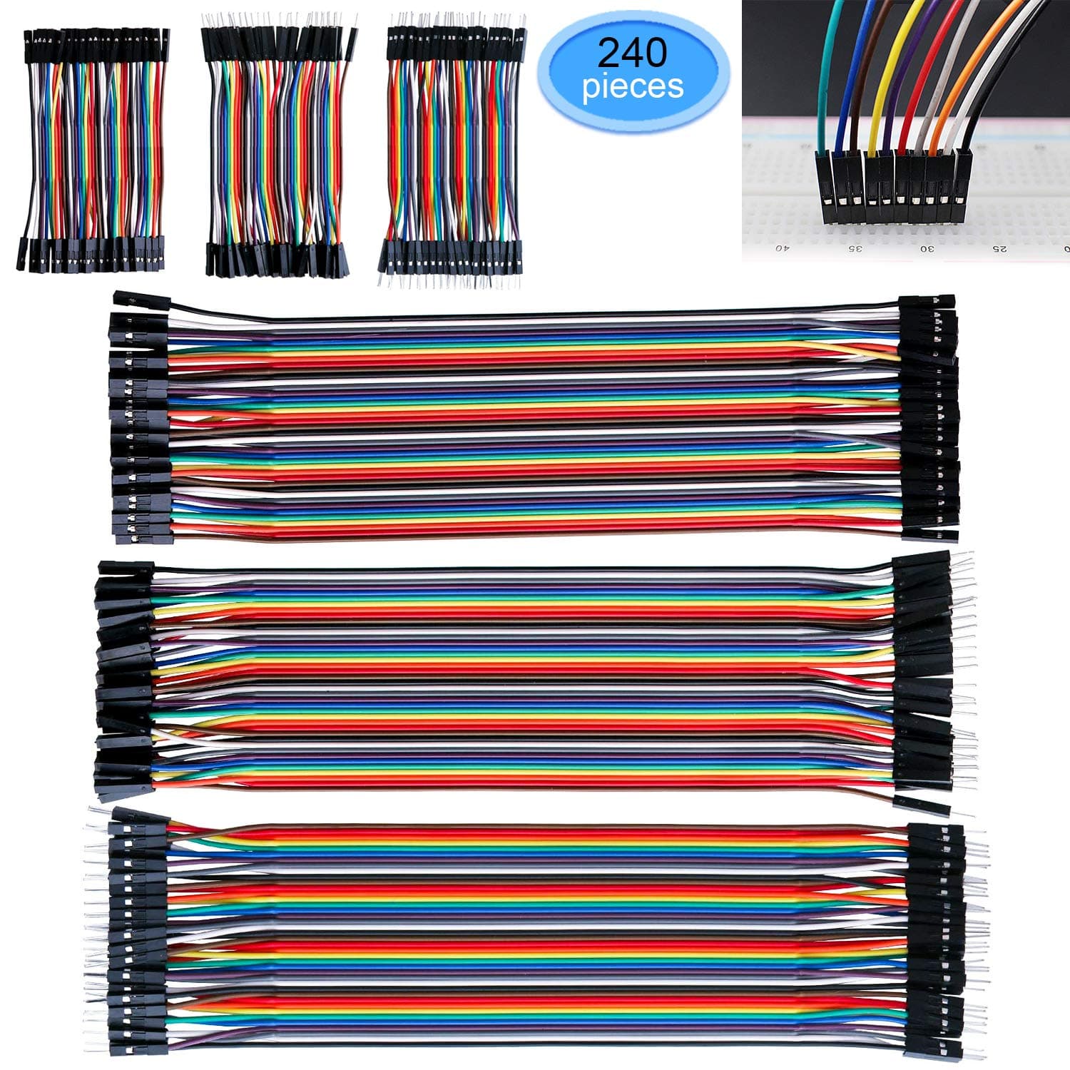 240 Pieces Breadboard Jumper Wires, EAONE 10cm 20cm, Male/Male Wire & Male/Female Wire & Female/Female Wire Arduino Wire Multicolored Ribbon Cables