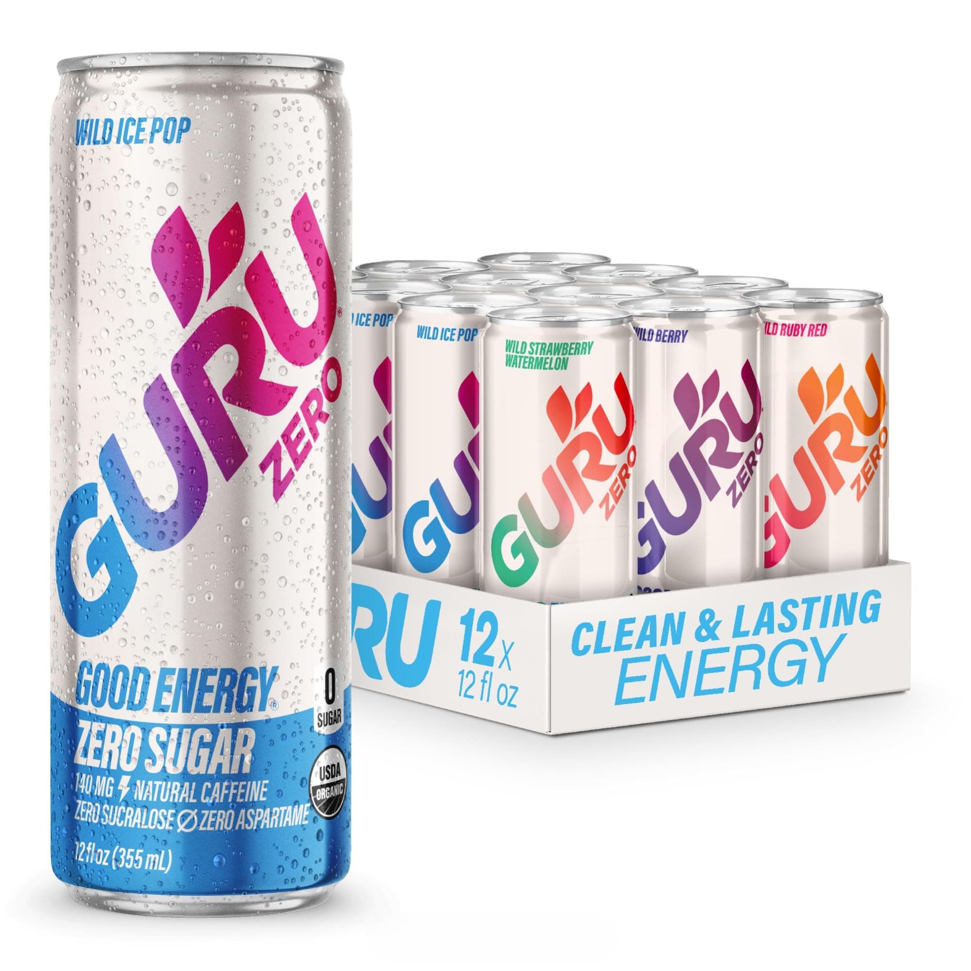 GURU ZERO SUGAR Organic Energy Drinks Variety Pack, Clean Energy Drink with Plant Based Natural Caffeine from Green Tea, Coconut Water, Prebiotic, Zero Added sugars, Gluten Free and Vegan, Pre Workout
