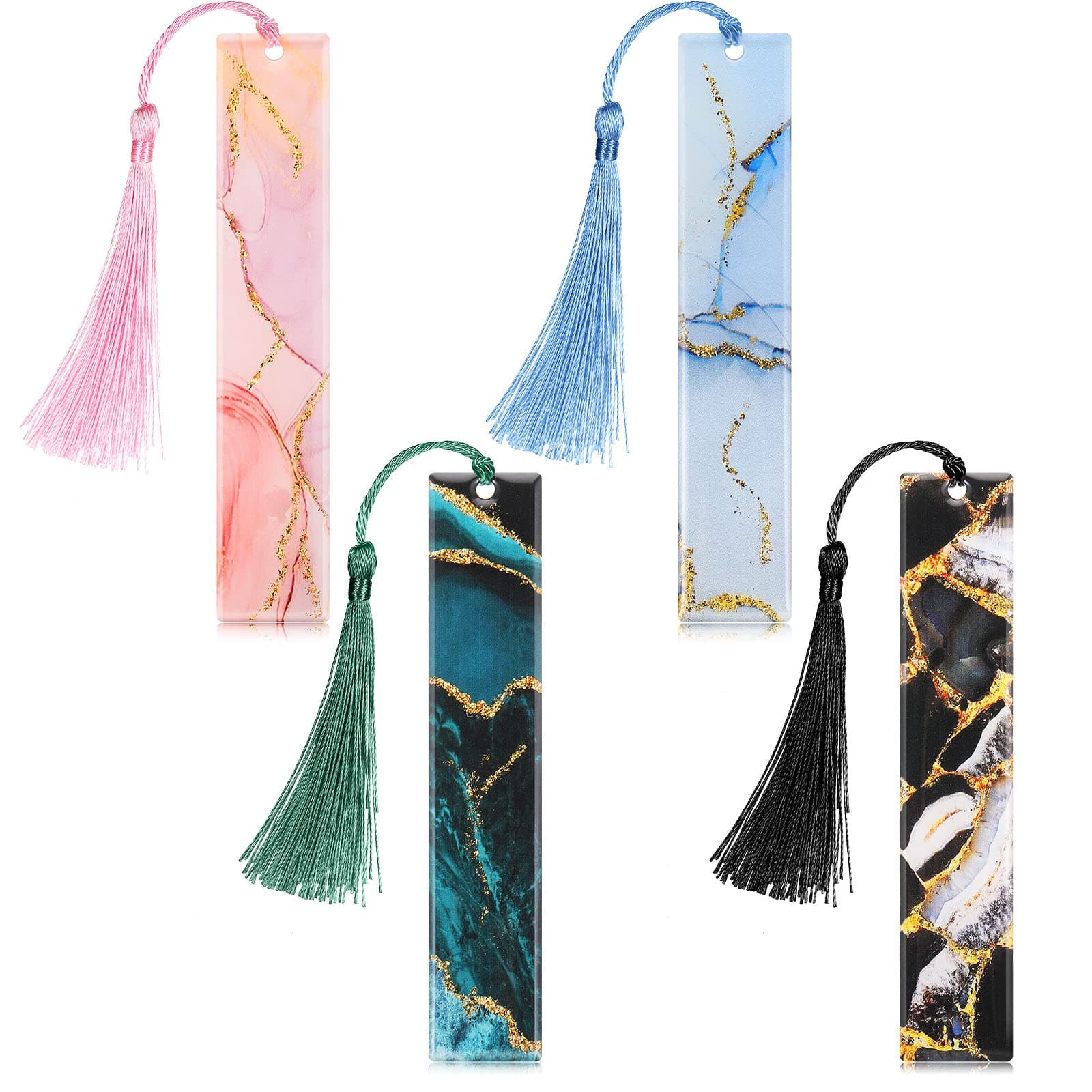 4 Pieces Glittering Dried Flowers Resin Bookmarks Handmade Transparent Page Marker with Tassel for Adults Students School, Office, Home Supplies, Graduation Gifts(Gilding Style)